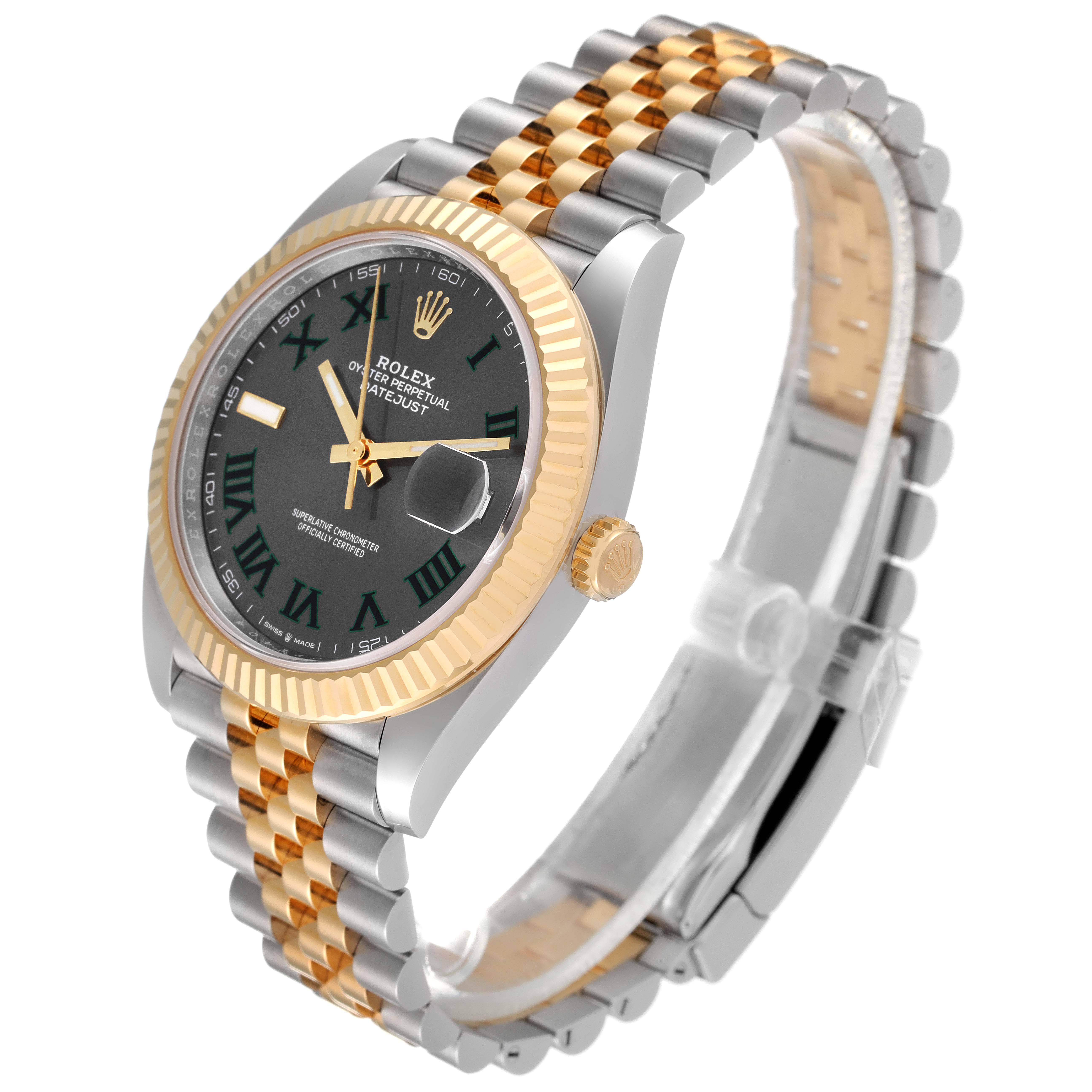The image shows a Rolex Datejust 41 126333 Men's Steel and Gold (two tone) Grey Dial 126333 Men's Steel and Gold (two tone) Grey Dial watch from an oblique angle, displaying the dial, bezel, and bracelet.