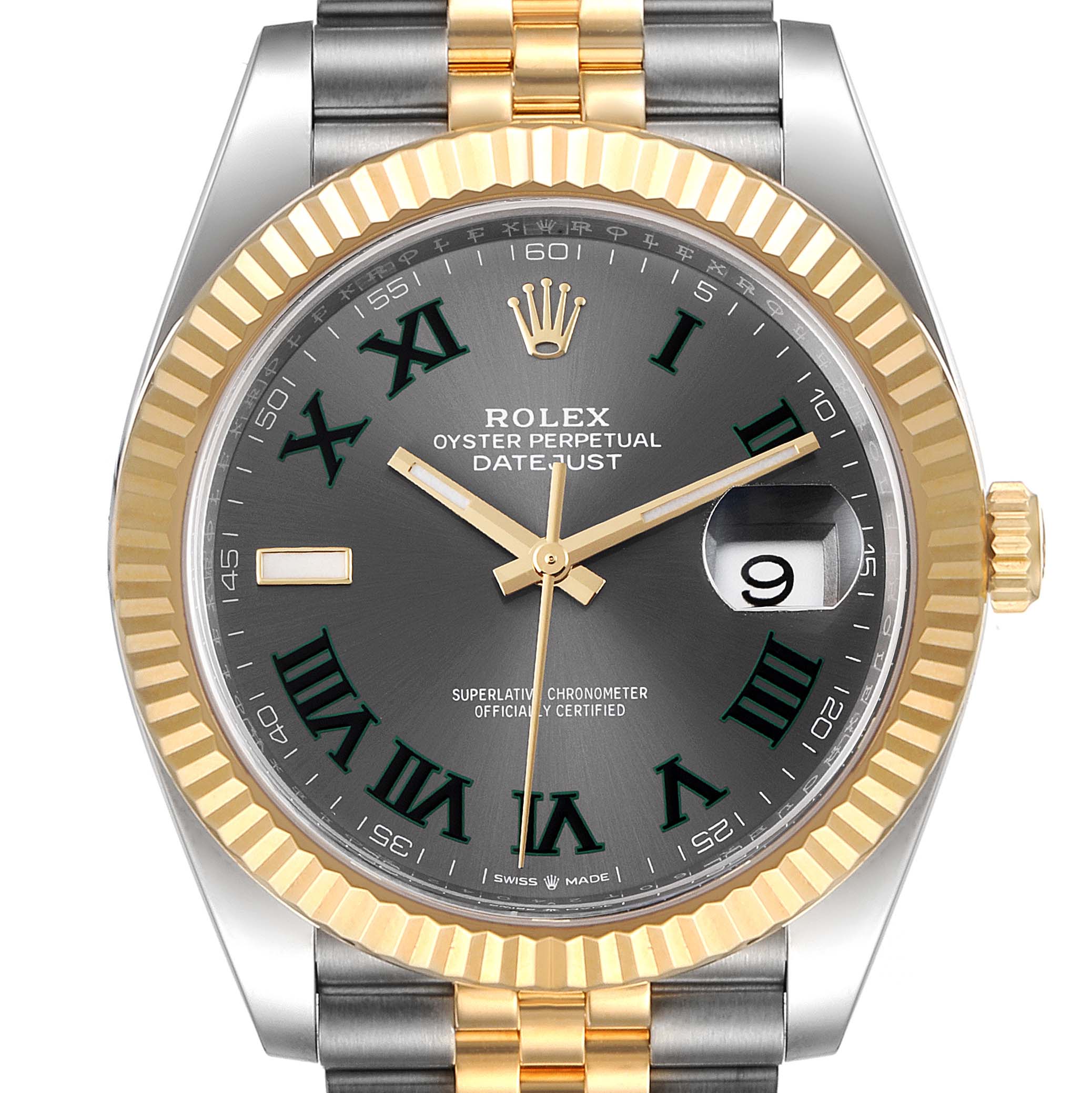This image shows a Rolex Datejust 41 126333 Men's Steel and Gold (two tone) Grey Dial 126333 Men's Steel and Gold (two tone) Grey Dial watch from the front, highlighting its face, bezel, and part of the bracelet.