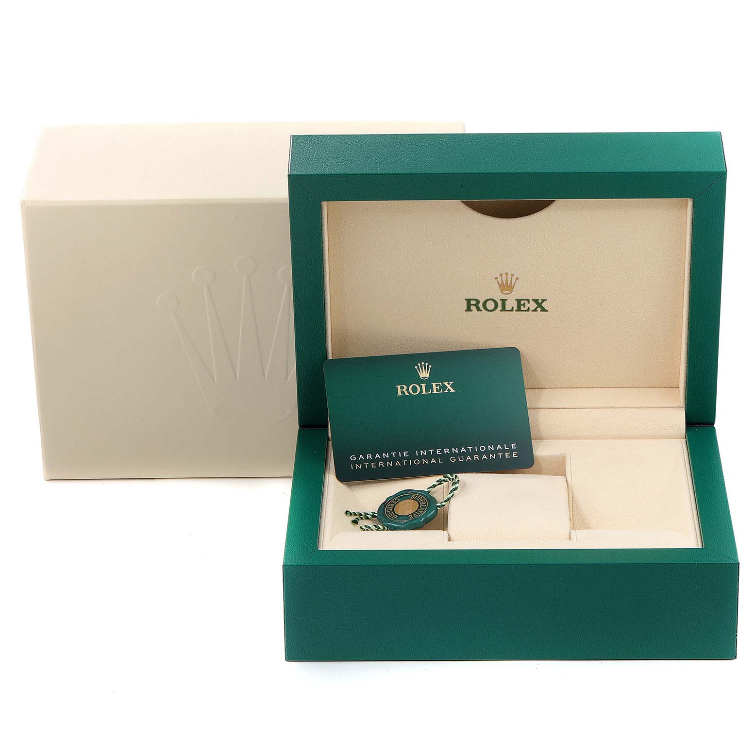 The image shows the packaging, including the inner and outer boxes and warranty card, of a Rolex Datejust 41 126333 Men's Steel and Gold (two tone) Grey Dial 126333 Men's Steel and Gold (two tone) Grey Dial watch.