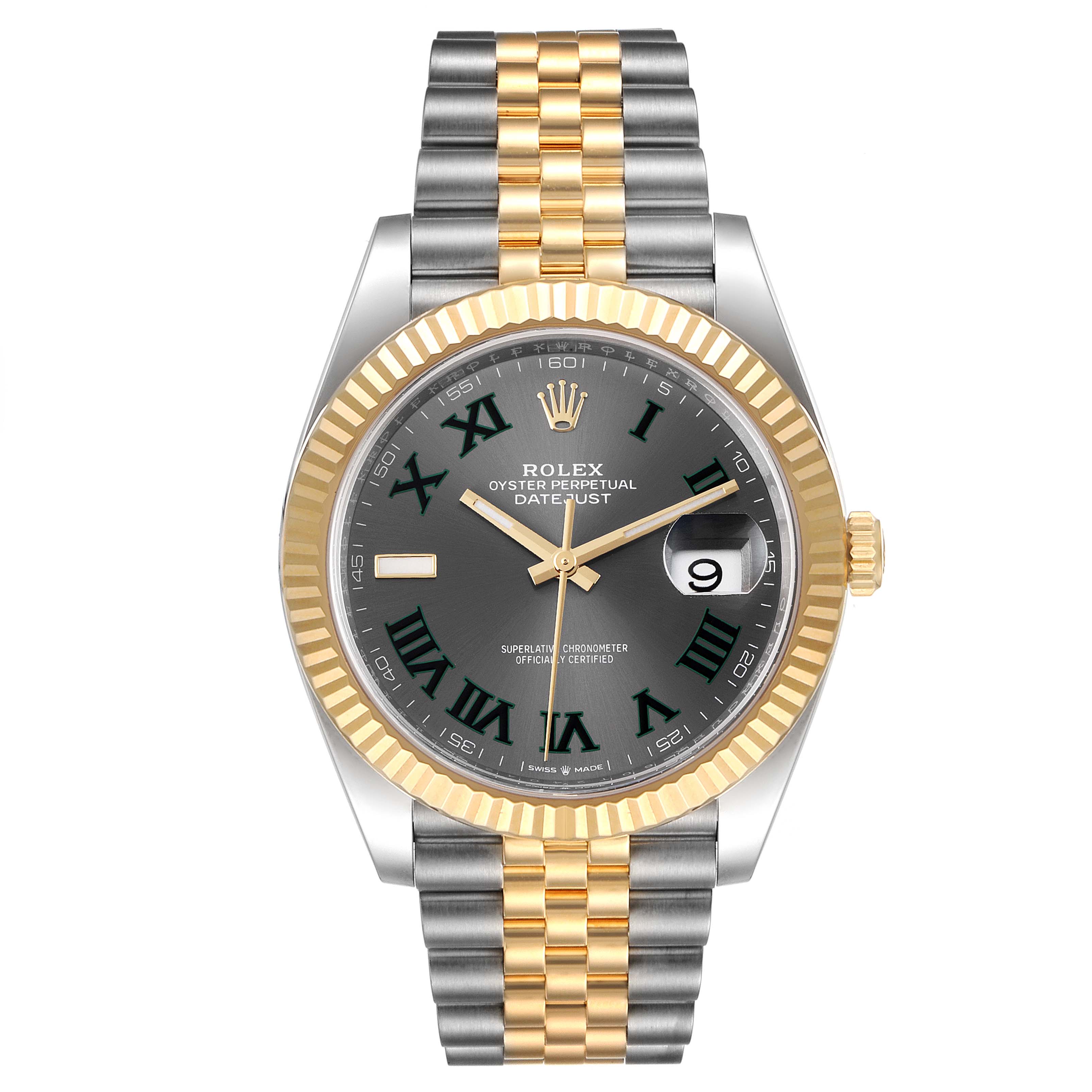 This is a front view of the Rolex Datejust 41 126333 Men's Steel and Gold (two tone) Grey Dial 126333 Men's Steel and Gold (two tone) Grey Dial watch, showing the dial, bezel, crown, and bracelet.