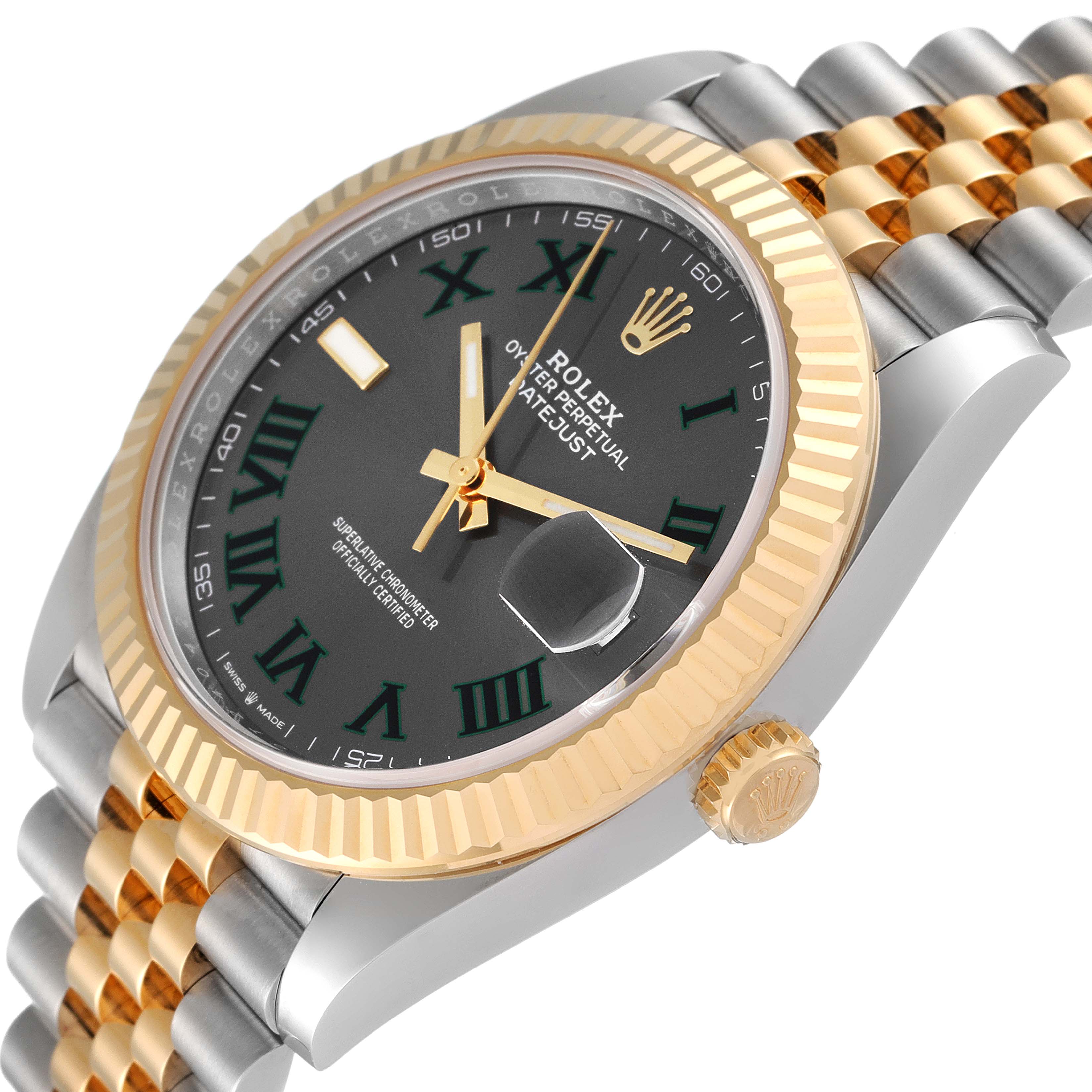 The image shows an angled close-up of a Rolex Datejust 41 126333 Men's Steel and Gold (two tone) Grey Dial 126333 Men's Steel and Gold (two tone) Grey Dial, highlighting the bezel, crown, bracelet, and black dial with Roman numerals.