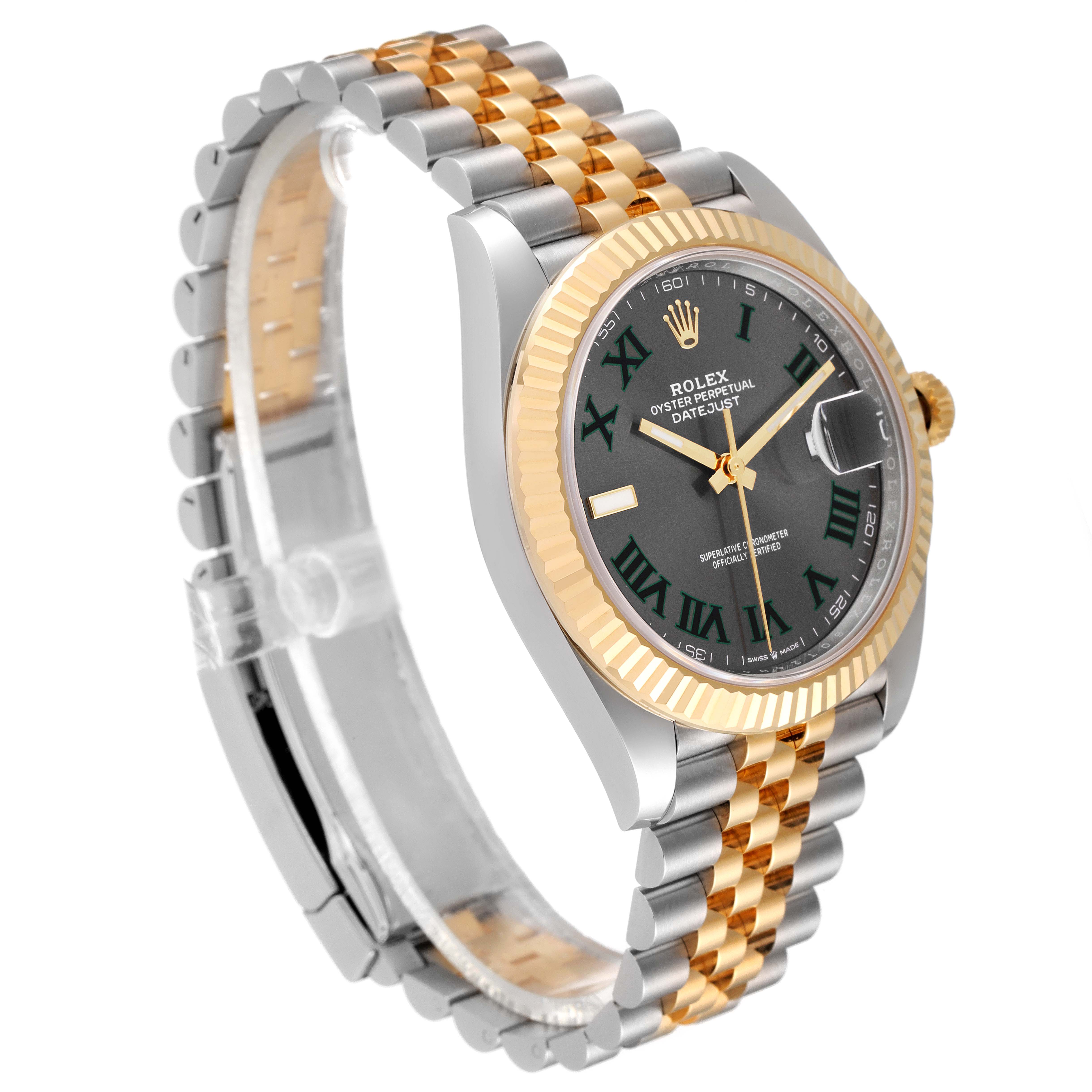 The image shows a Rolex Datejust 41 126333 Men's Steel and Gold (two tone) Grey Dial 126333 Men's Steel and Gold (two tone) Grey Dial model watch from an angled side view, highlighting the face, bezel, and Jubilee bracelet.