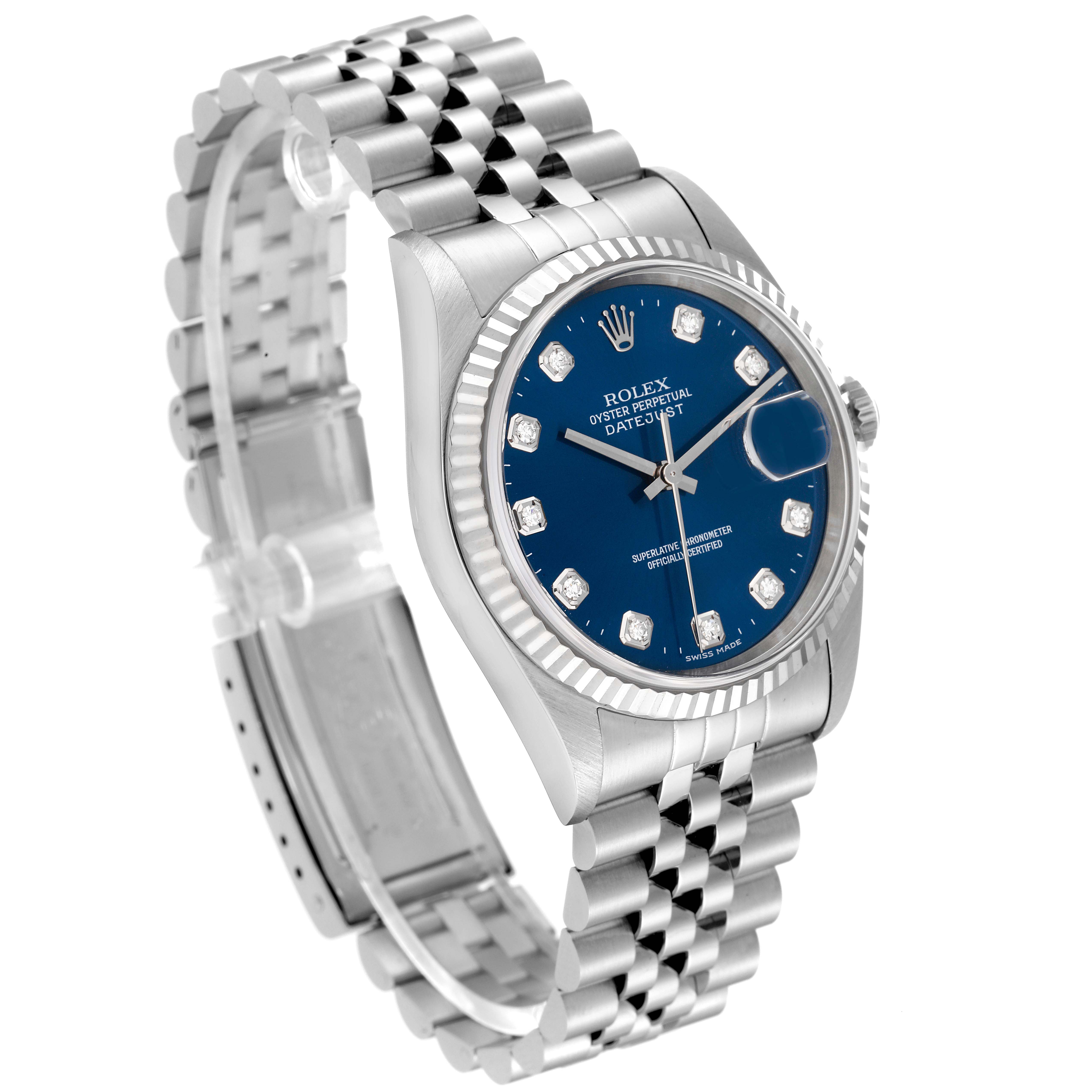 The image shows a Rolex Datejust 16234 Men's Stainless Steel Blue Dial 16234 Men's Stainless Steel Blue Dial watch at a three-quarter angle, featuring its bracelet, case, and blue dial with diamond hour markers.