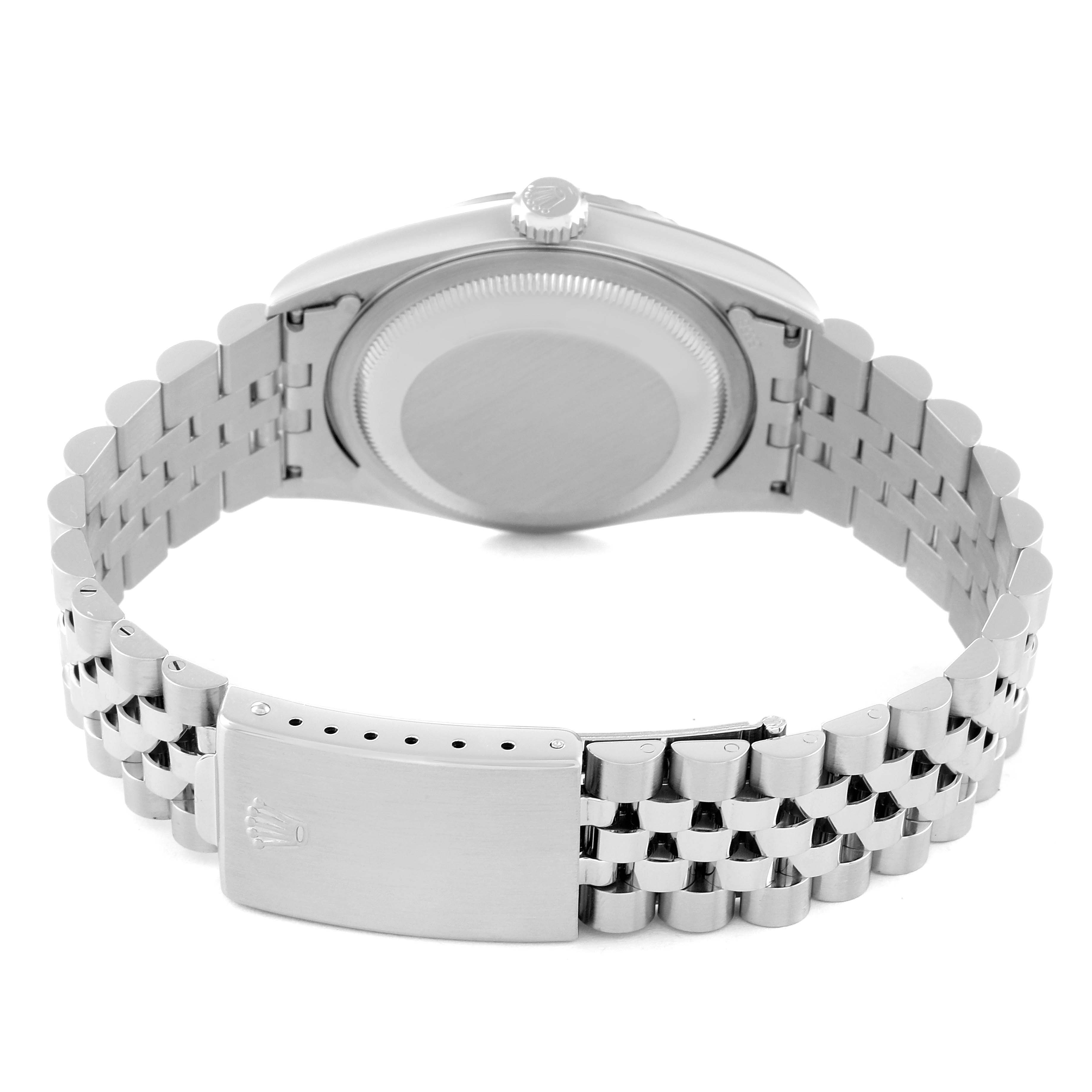 The image shows the back case and bracelet of a Rolex Datejust 16234 Men's Stainless Steel Blue Dial 16234 Men's Stainless Steel Blue Dial watch from a rear angle, highlighting the clasp and crown.