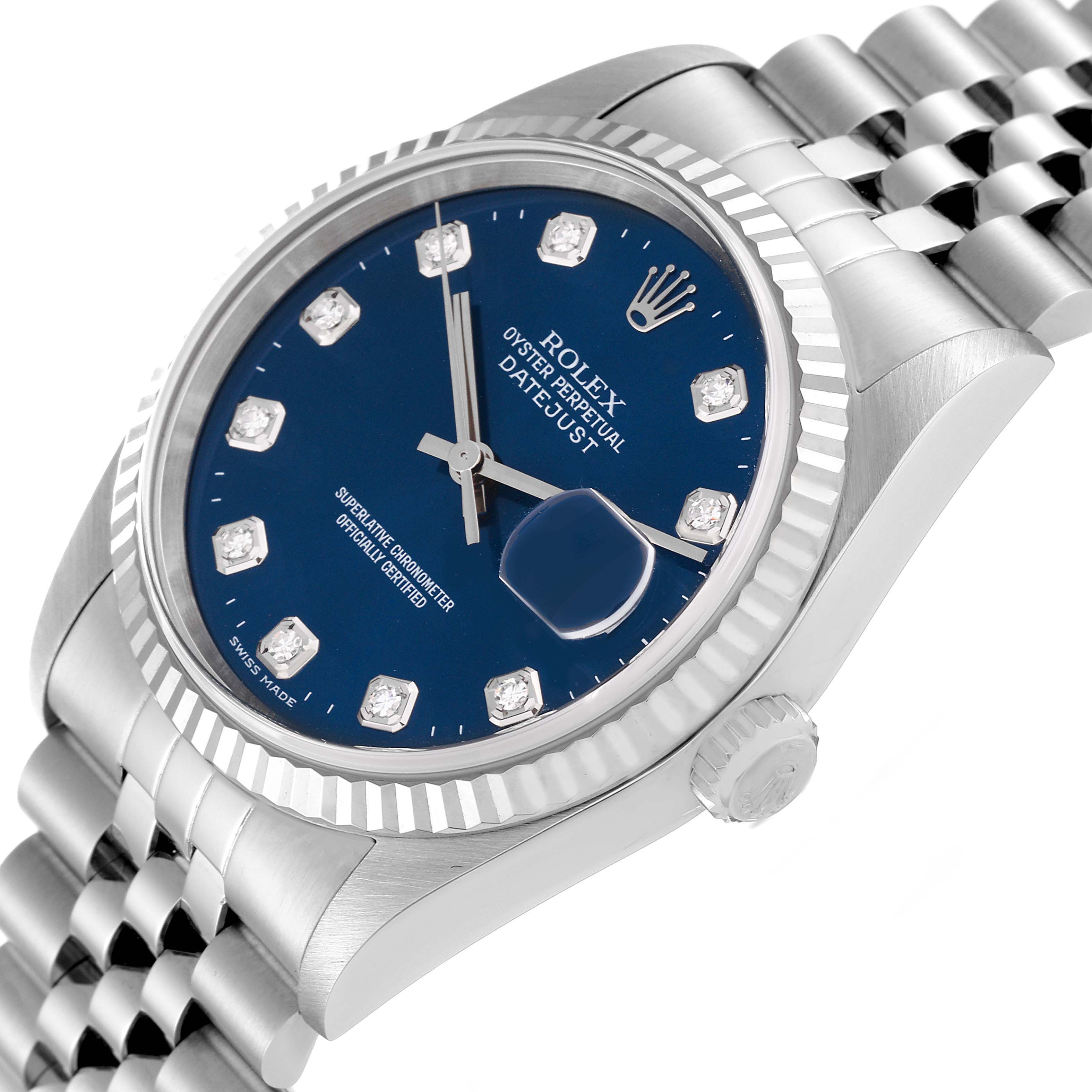 The image shows a Rolex Datejust 16234 Men's Stainless Steel Blue Dial 16234 Men's Stainless Steel Blue Dial watch from an angled side view, highlighting the dial, bezel, crown, and part of the bracelet.
