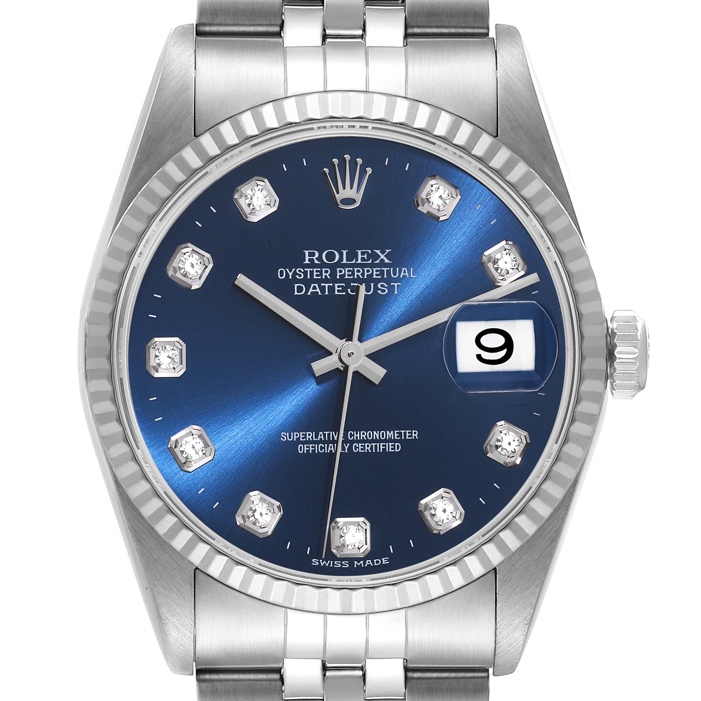 The image shows a front view of the Rolex Datejust 16234 Men's Stainless Steel Blue Dial 16234 Men's Stainless Steel Blue Dial watch, highlighting the blue dial, diamond hour markers, fluted bezel, and date window.