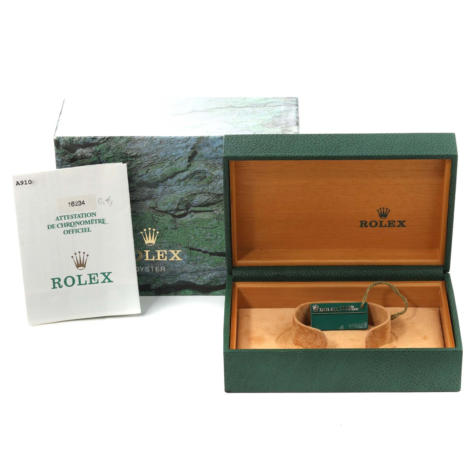 The image shows the opened packaging of a Rolex Datejust 16234 Men's Stainless Steel Blue Dial 16234 Men's Stainless Steel Blue Dial, including the box, manual, and tag inside.