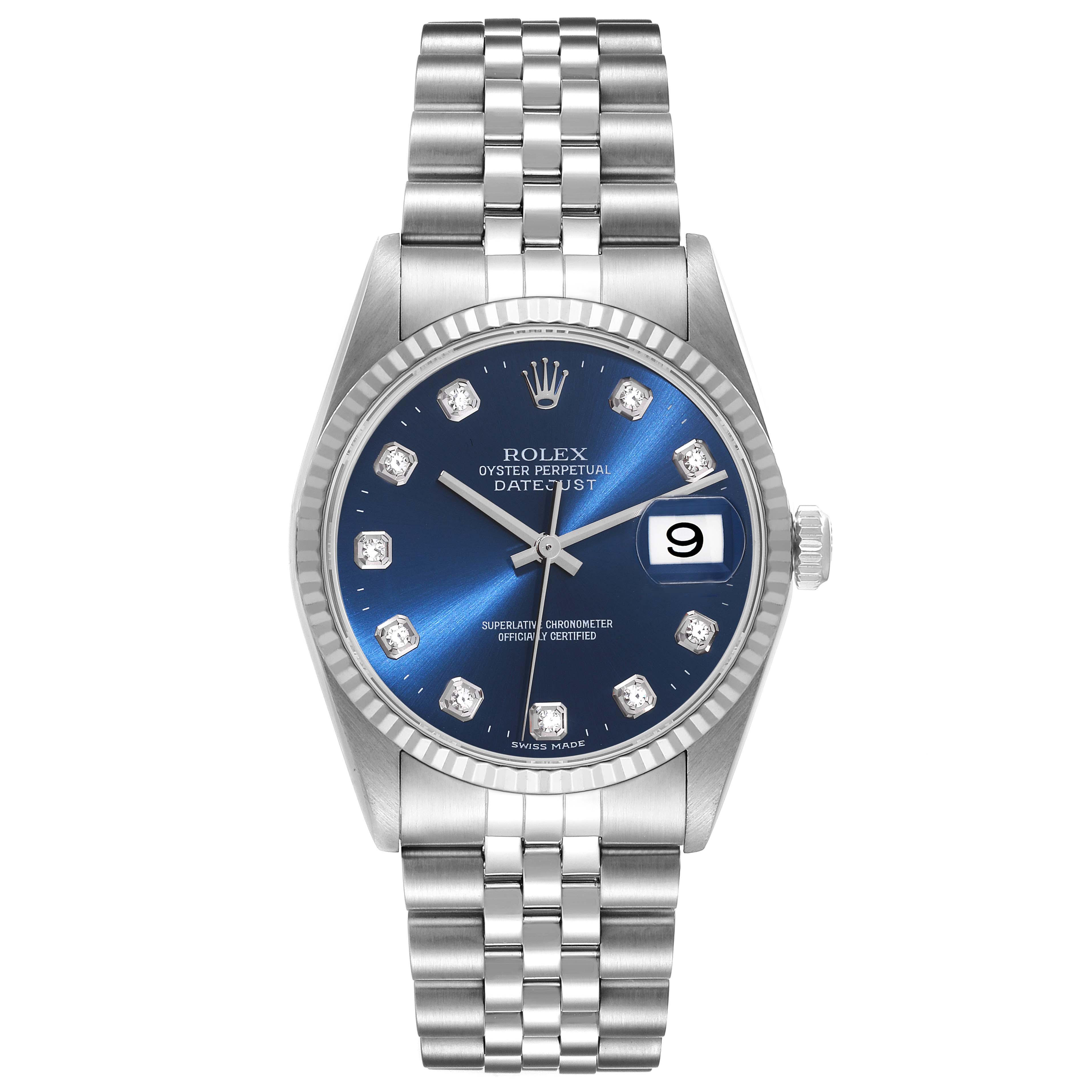 The image shows a front view of a Rolex Datejust 16234 Men's Stainless Steel Blue Dial 16234 Men's Stainless Steel Blue Dial watch featuring a blue dial, diamond indices, and a Jubilee bracelet.