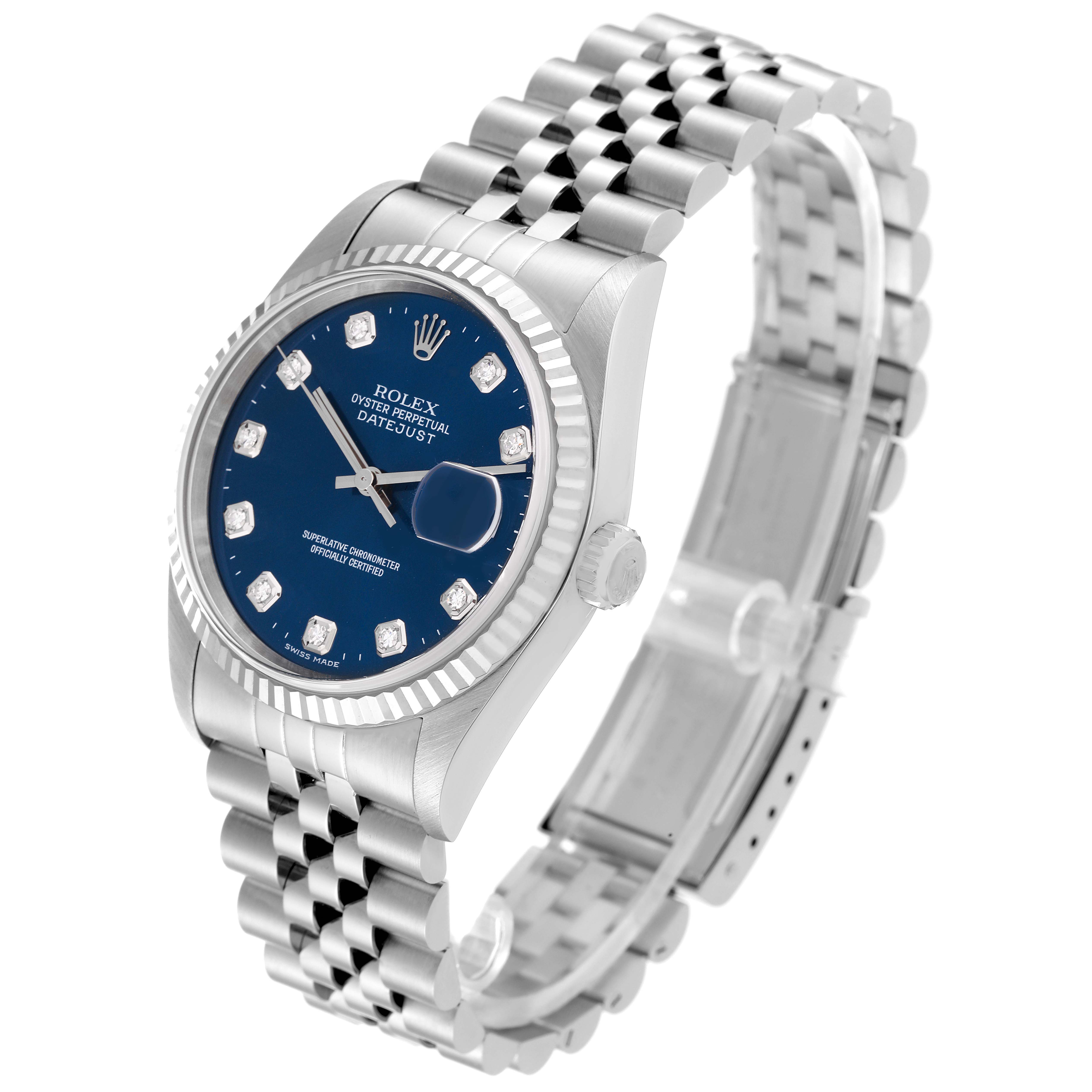 The Rolex Datejust 16234 Men's Stainless Steel Blue Dial 16234 Men's Stainless Steel Blue Dial watch is shown from an angled side view, highlighting its dial, bezel, bracelet, and crown.