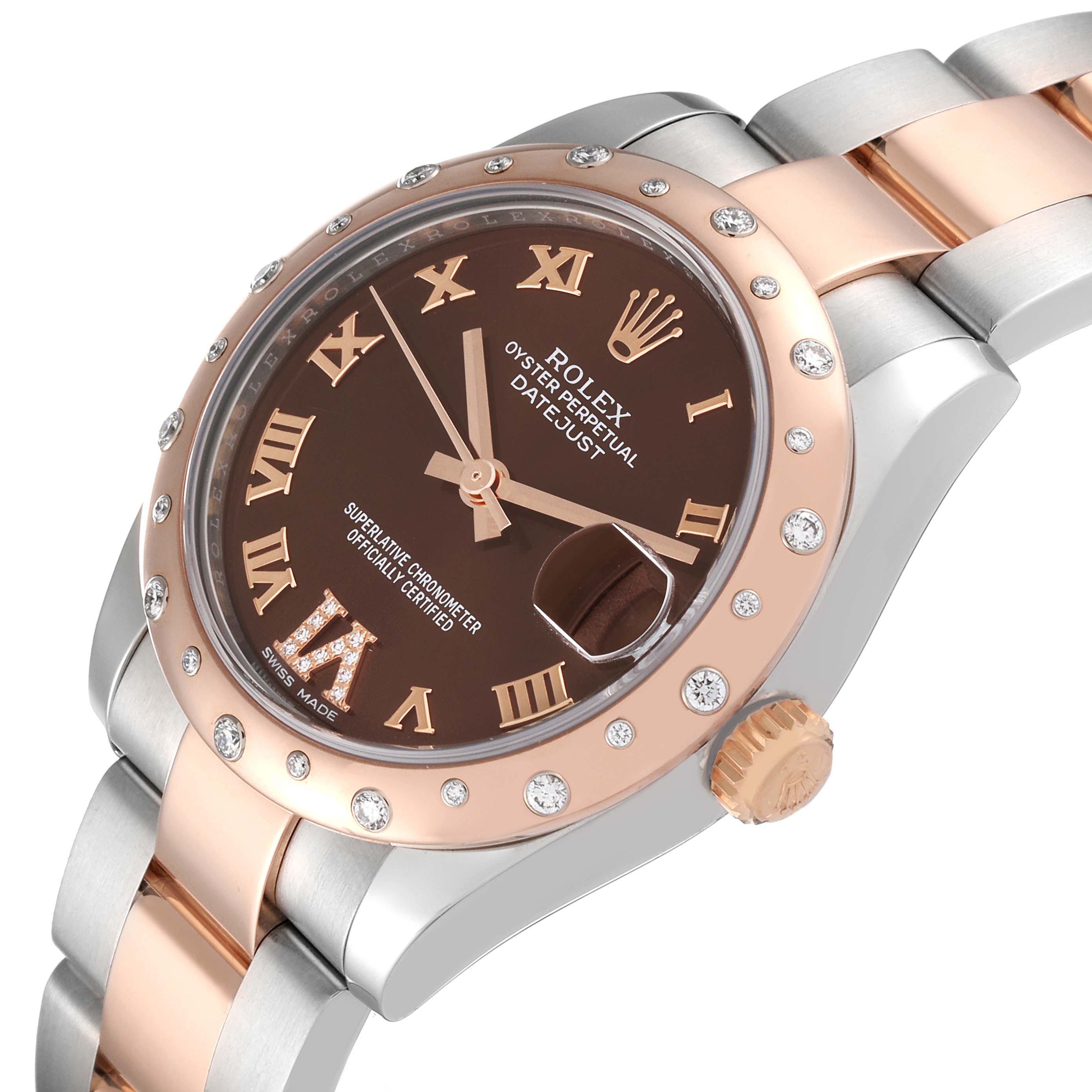 This image shows a Rolex Mid-Size 178341 Women's Steel and Gold (two tone) Brown Dial 178341 Women's Steel and Gold (two tone) Brown Dial Oyster Perpetual Datejust watch at a tilted angle, highlighting the face, bezel, and part of the bracelet.
