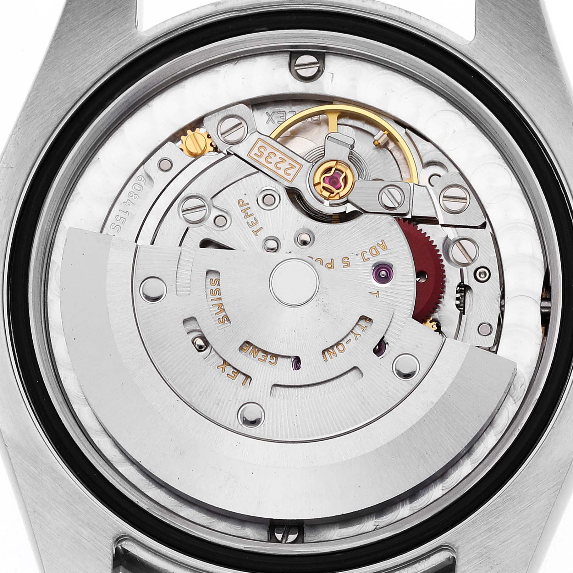 This is a close-up view of the movement from the back of a Rolex Mid-Size 178341 Women's Steel and Gold (two tone) Brown Dial 178341 Women's Steel and Gold (two tone) Brown Dial model watch.