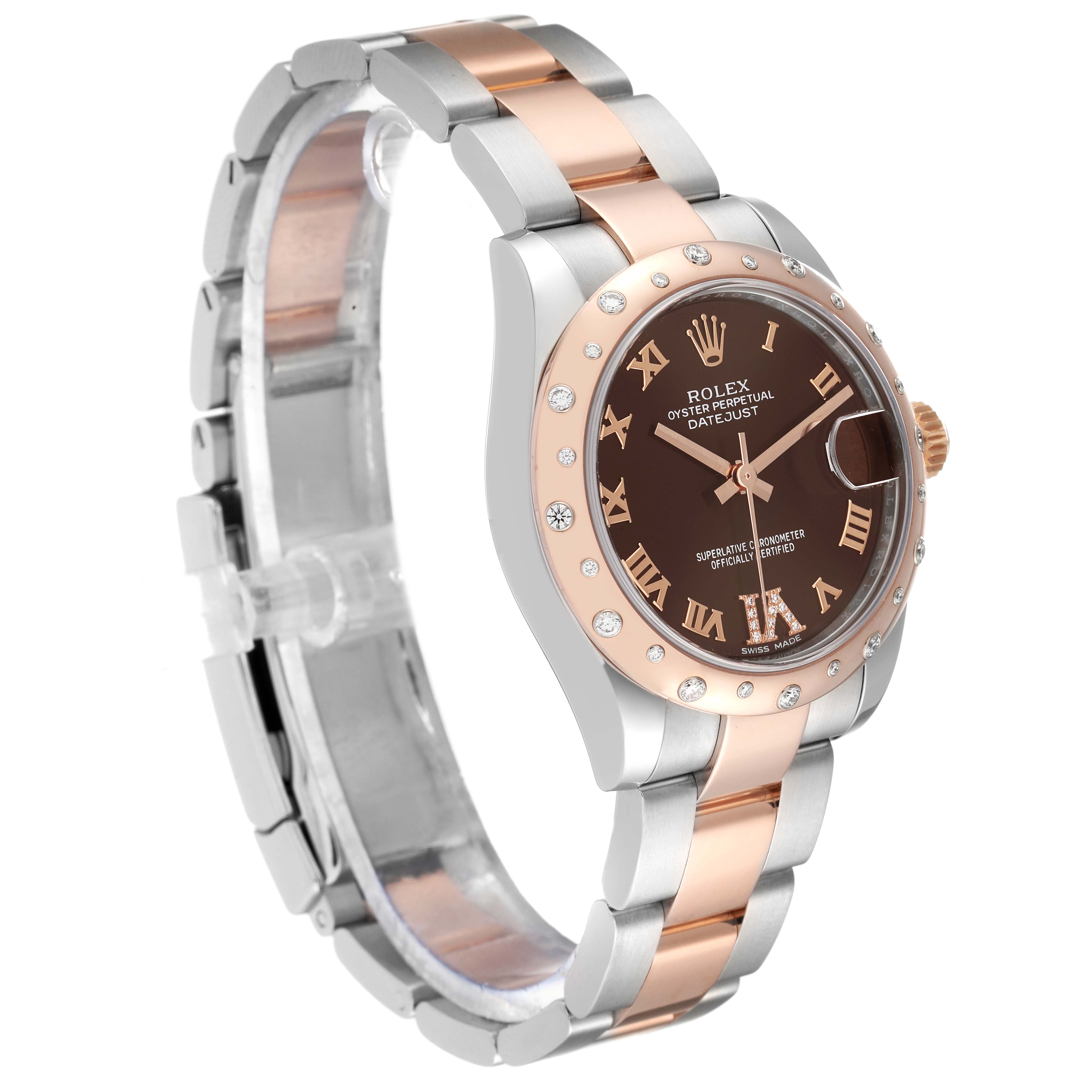 The image shows a side angle view of a Rolex Mid-Size 178341 Women's Steel and Gold (two tone) Brown Dial 178341 Women's Steel and Gold (two tone) Brown Dial Oyster Perpetual Datejust watch, highlighting its dial, bezel, and bracelet.