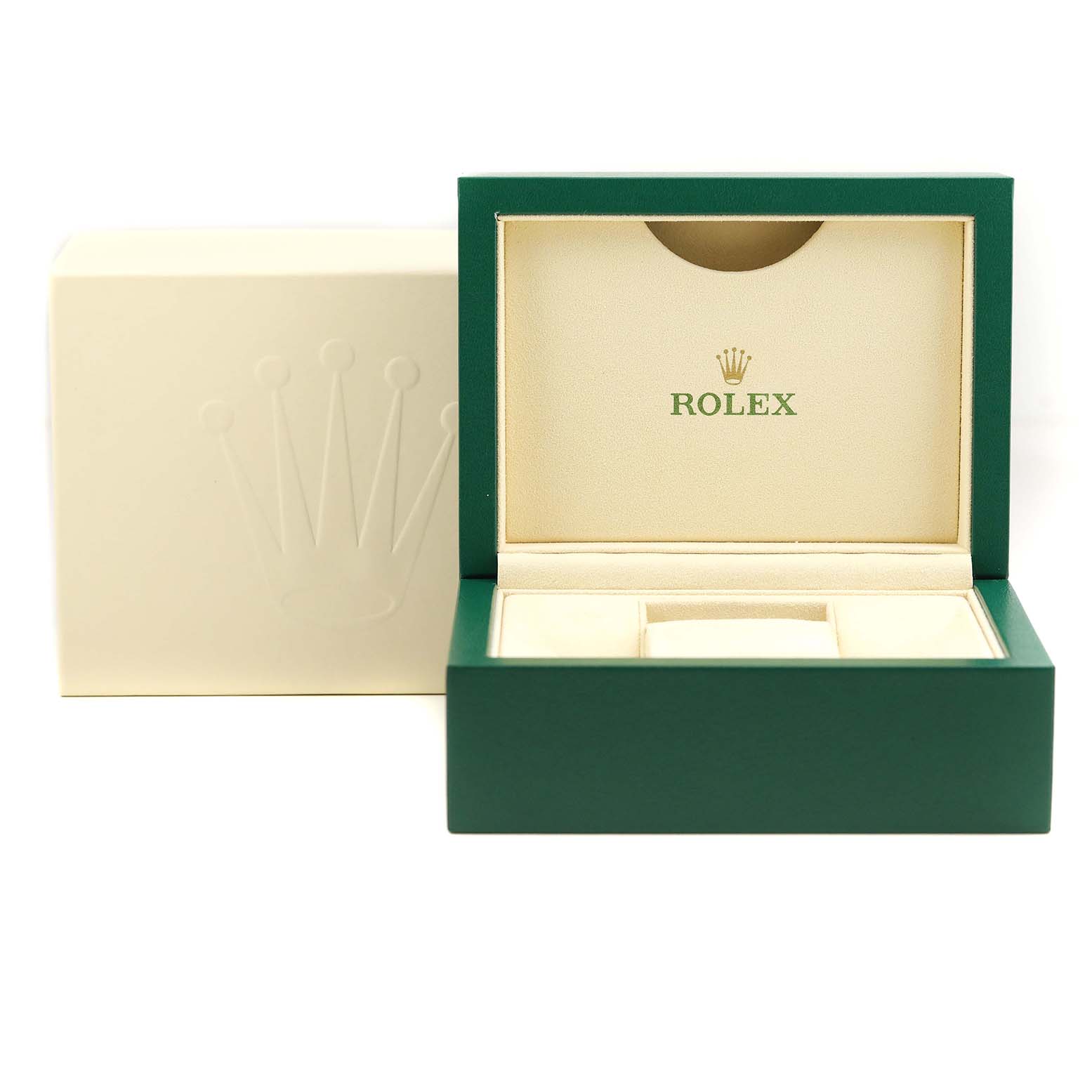 This image shows an open Rolex watch box and outer case for a Mid-Size model, highlighting the brand's logo and packaging.