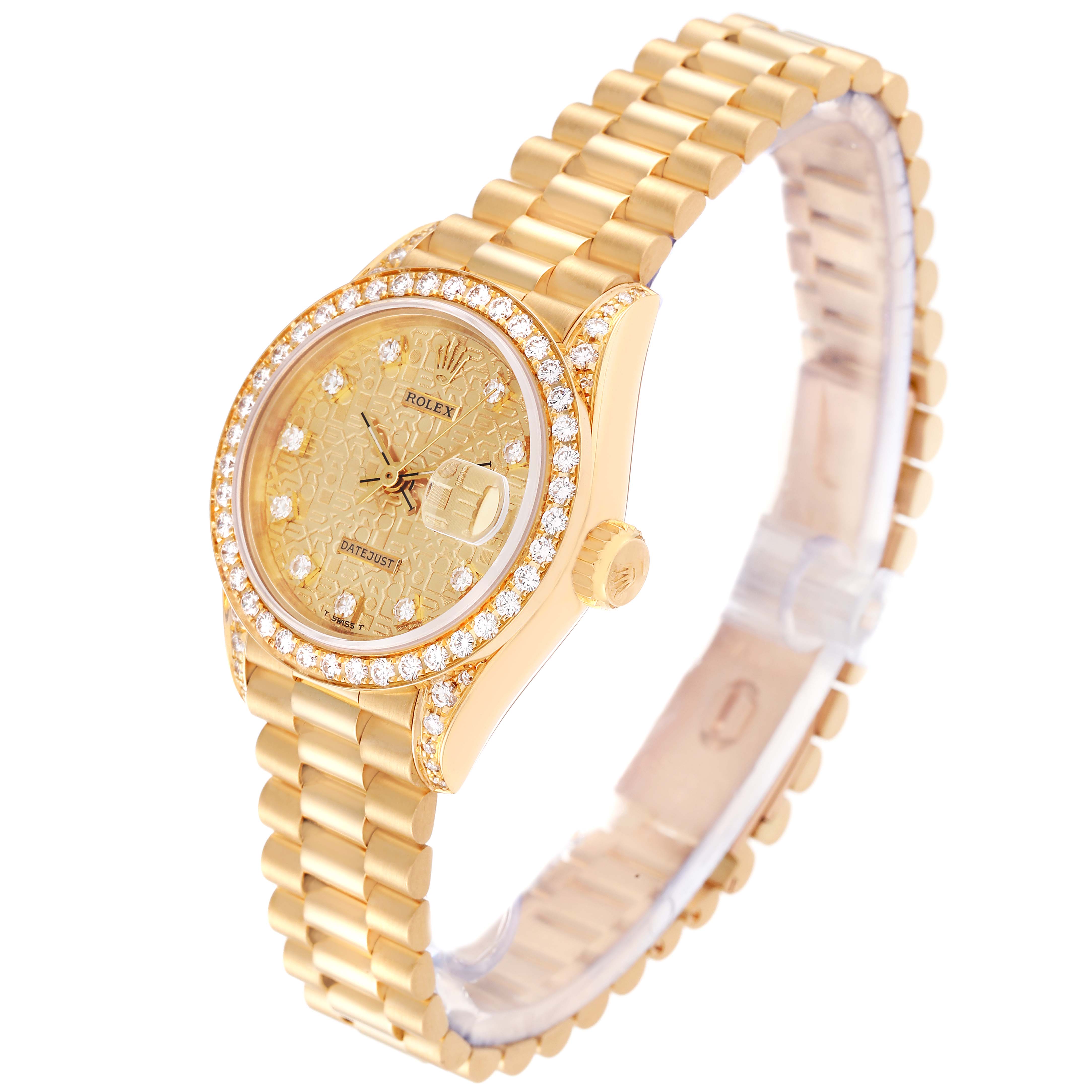 This image shows a Rolex President 69158 Women
s Yellow Gold Champagne Dial 69158 Women
s Yellow Gold Champagne Dial model watch angled to display its face, bezel, and bracelet.