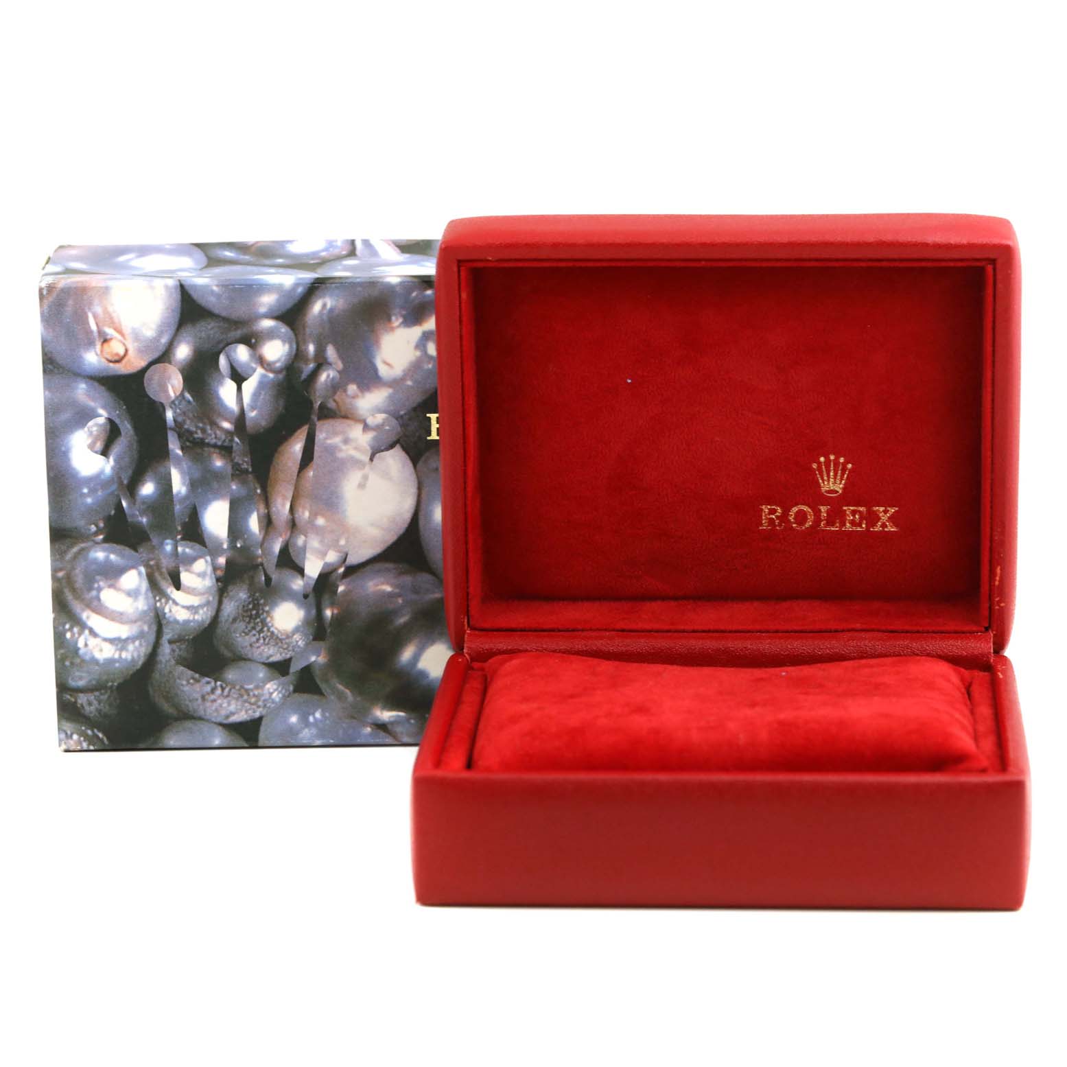 The image shows the Rolex President 69158 Women
s Yellow Gold Champagne Dial 69158 Women
s Yellow Gold Champagne Dial model
s red watch box, open with the Rolex logo visible inside.