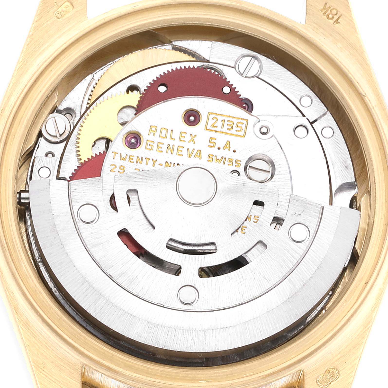 The image shows the internal mechanism of a Rolex President 69158 Women
s Yellow Gold Champagne Dial 69158 Women
s Yellow Gold Champagne Dial model watch from a top-down angle.