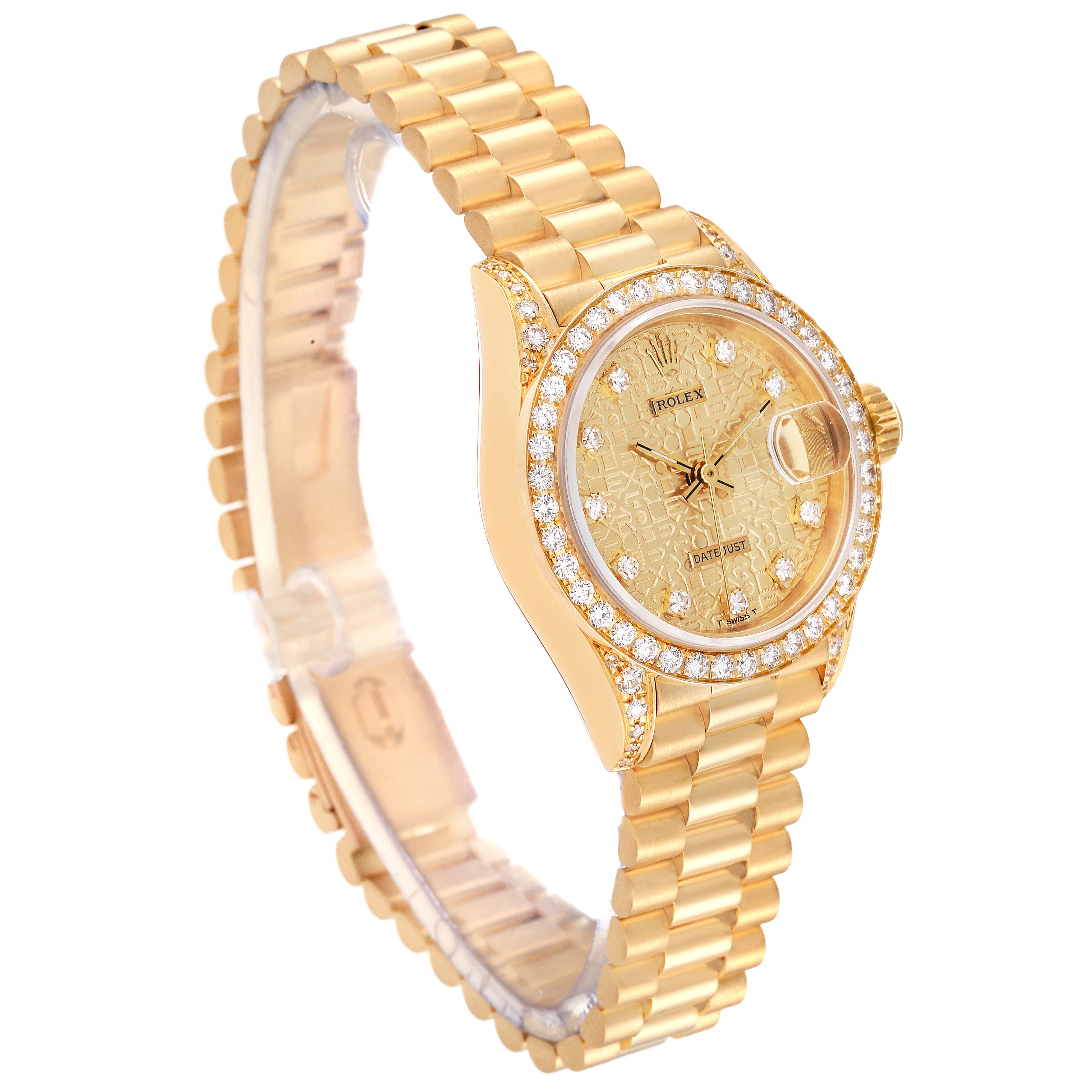 The image shows a Rolex President 69158 Women
s Yellow Gold Champagne Dial 69158 Women
s Yellow Gold Champagne Dial model watch from an angled side profile, highlighting the band, dial, and diamond-studded bezel.