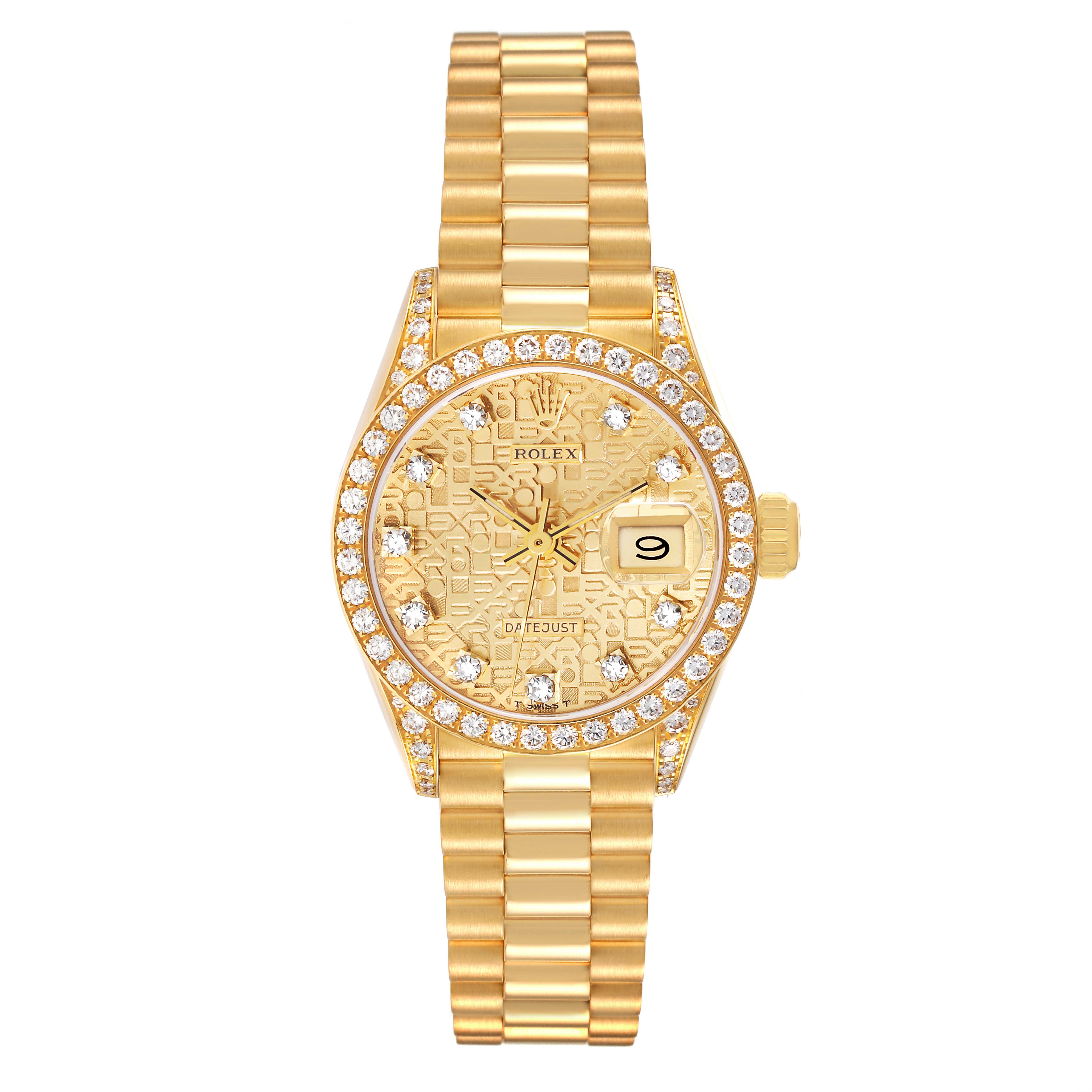 This is a Rolex President 69158 Women
s Yellow Gold Champagne Dial 69158 Women
s Yellow Gold Champagne Dial model watch, shown from a top-down angle, displaying the dial, bezel, bracelet, and crown.