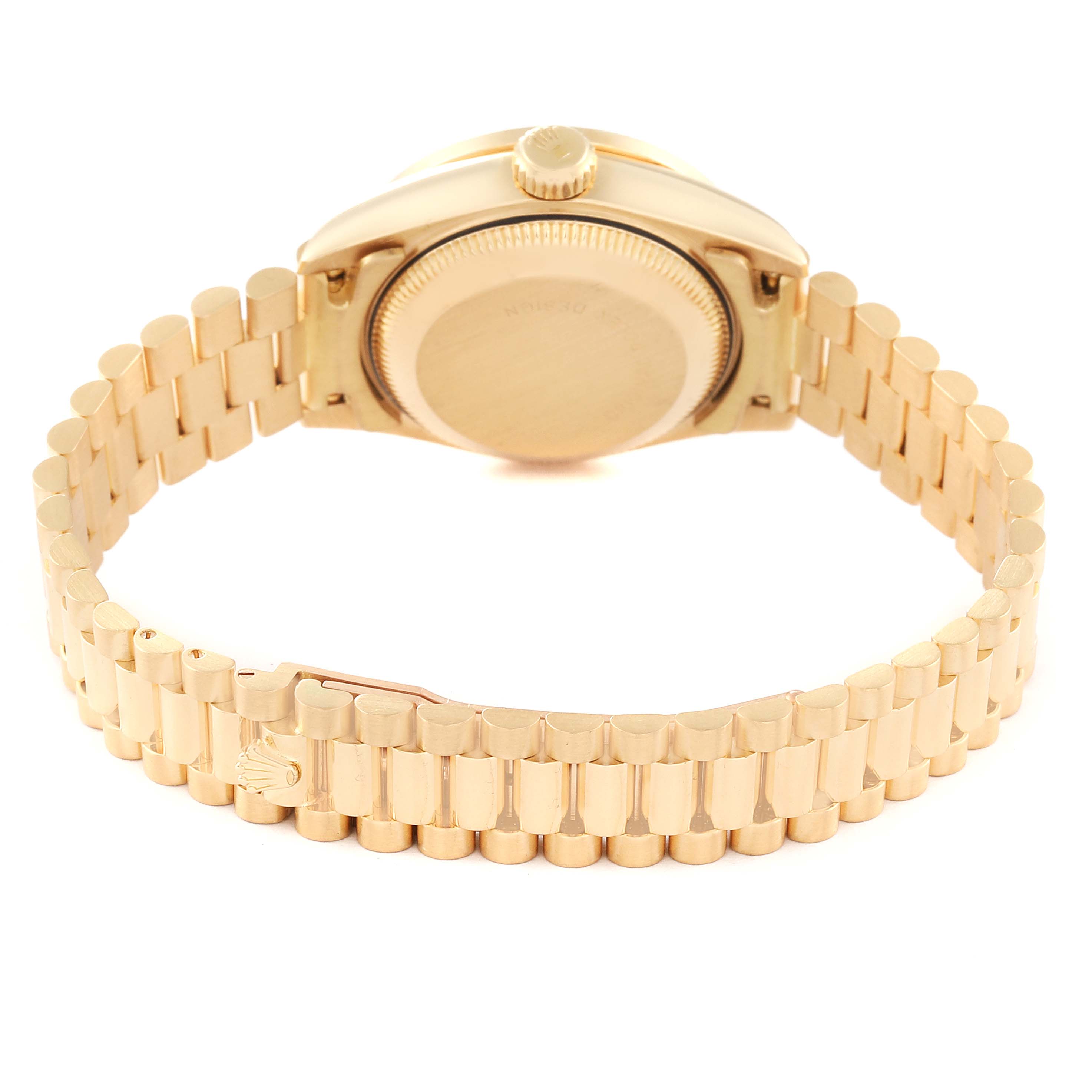 This image shows the back and bracelet of a Rolex President 69158 Women
s Yellow Gold Champagne Dial 69158 Women
s Yellow Gold Champagne Dial model watch.