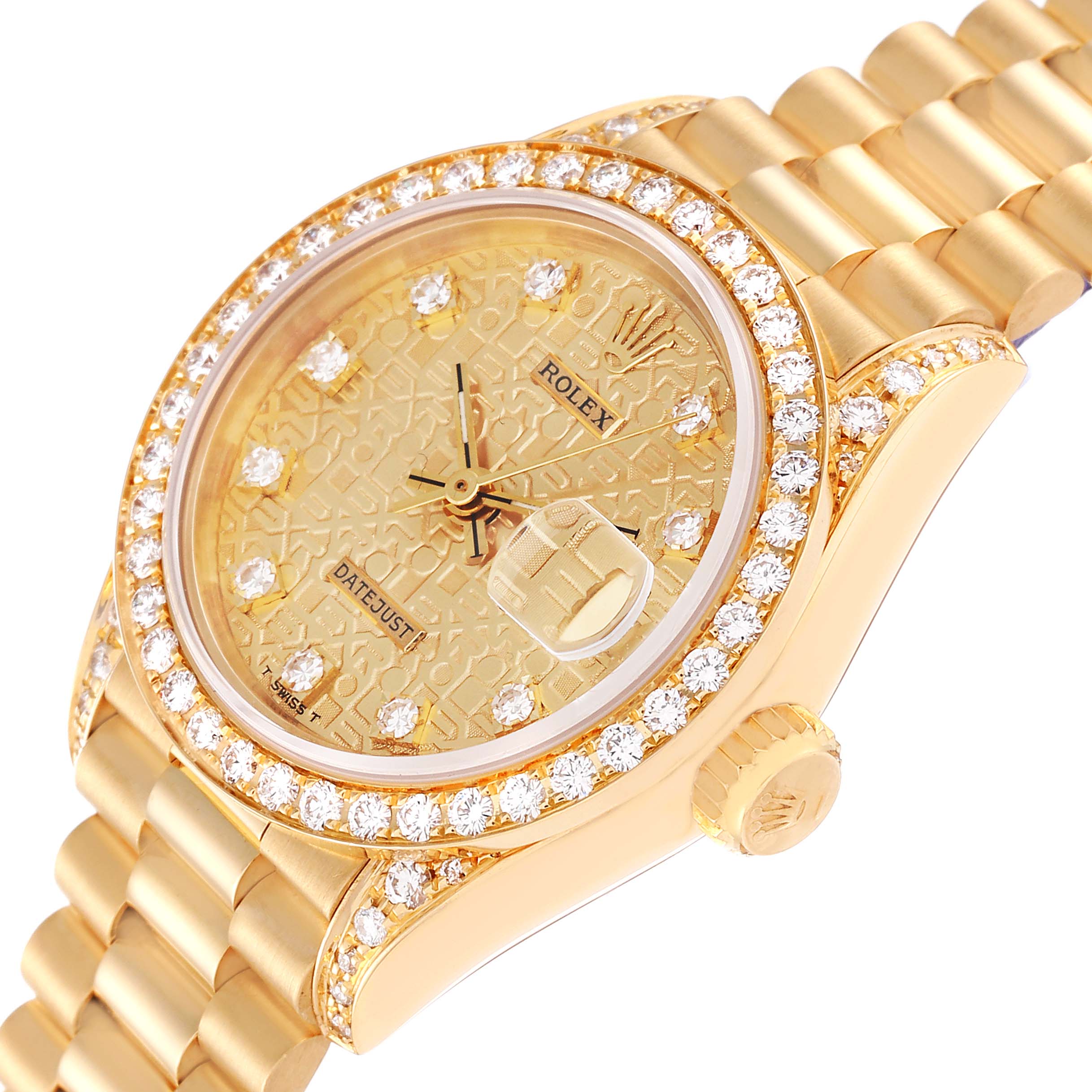 The image shows a Rolex President 69158 Women
s Yellow Gold Champagne Dial 69158 Women
s Yellow Gold Champagne Dial model watch angled to display its diamond-studded bezel, gold bracelet, dial, and date window.