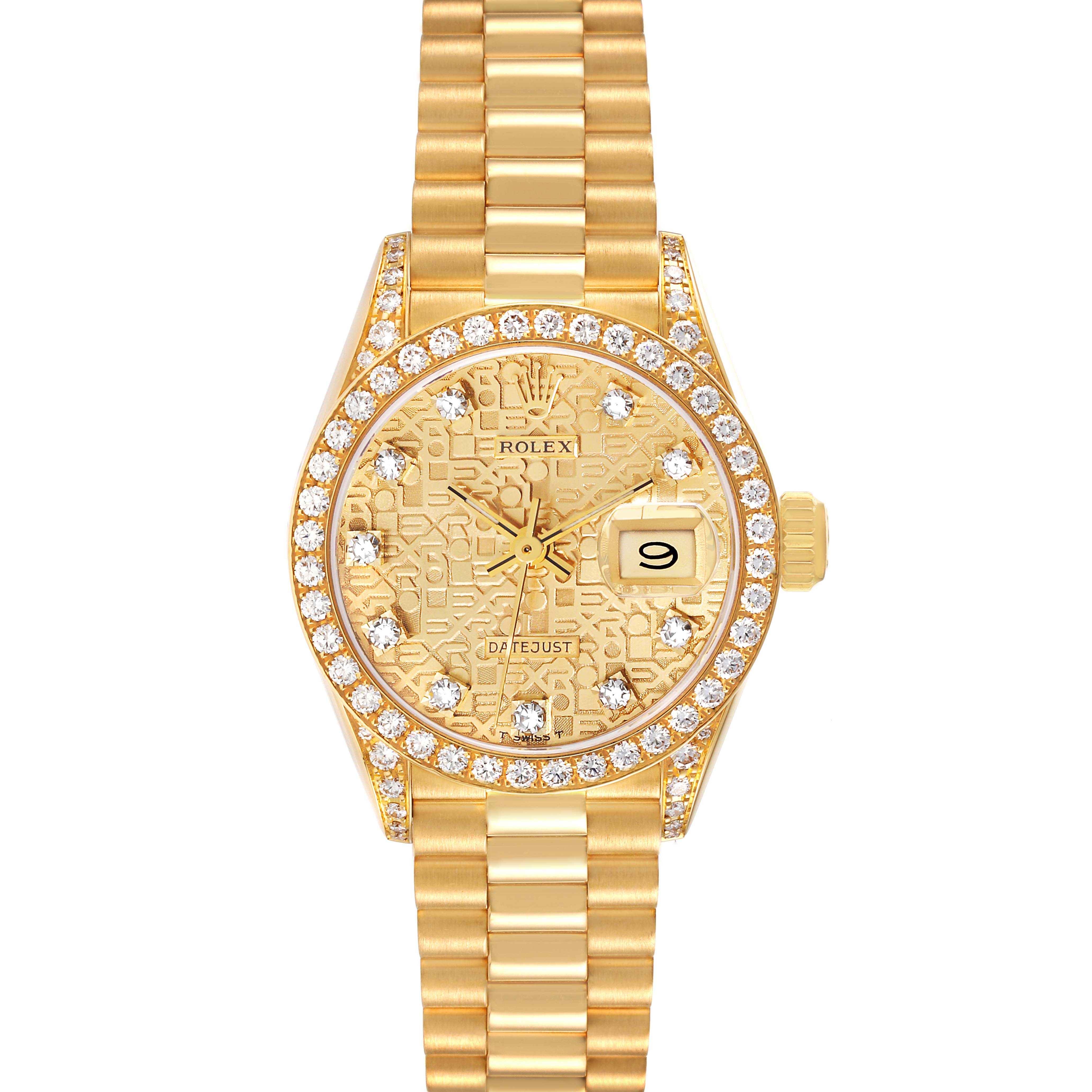 This image shows a front view of a Rolex President 69158 Women
s Yellow Gold Champagne Dial 69158 Women
s Yellow Gold Champagne Dial model watch, highlighting its gold band, diamond bezel, and textured dial.