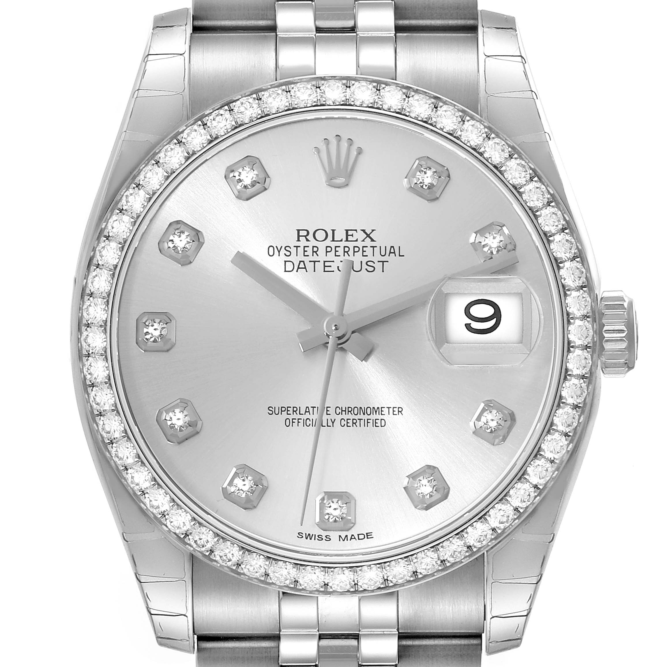 This image showcases a Rolex Datejust 116244 Men's Stainless Steel Silver Dial 116244 Men's Stainless Steel Silver Dial watch from a front angle, highlighting its diamond-set bezel, dial, and bracelet.