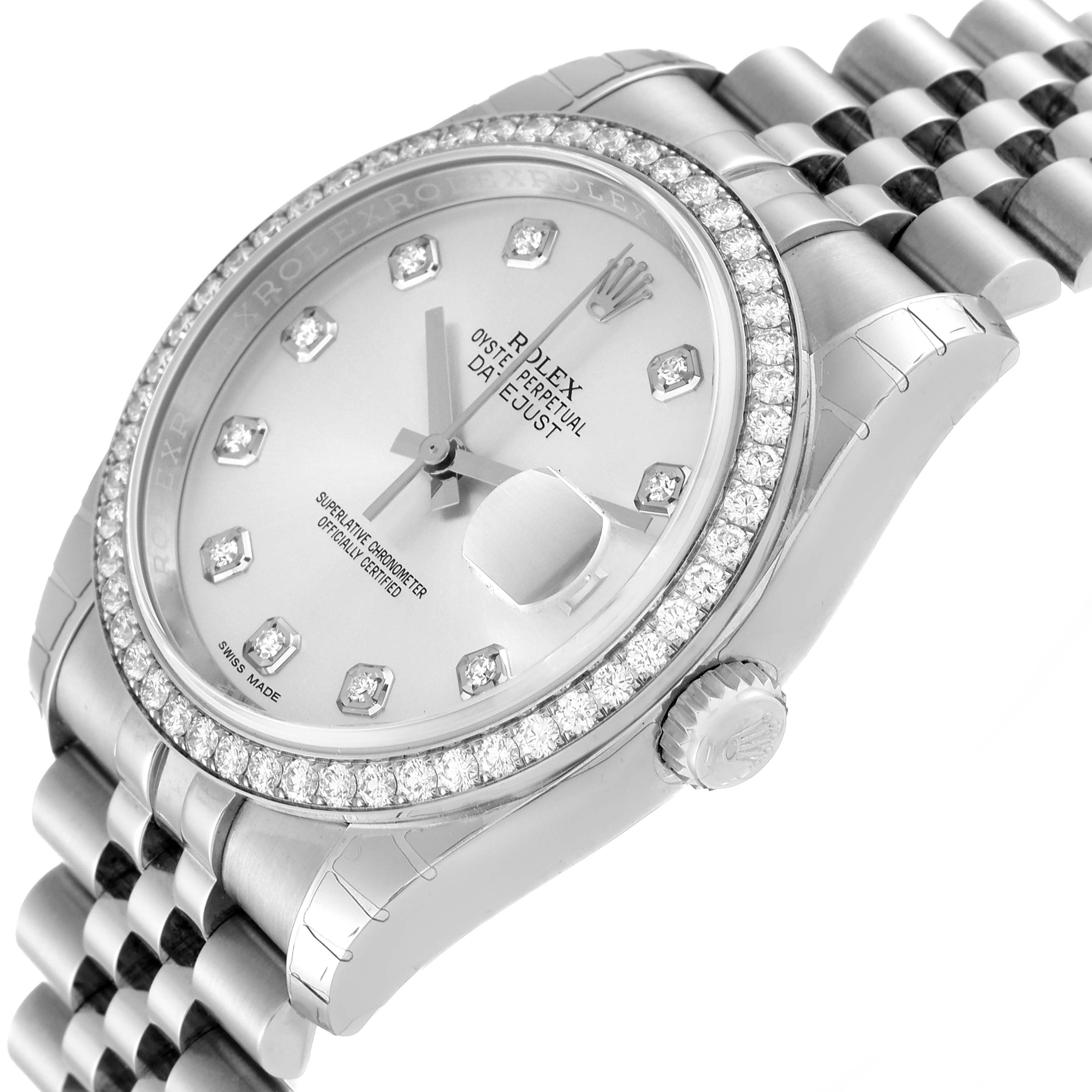 The image shows a close-up angled view of the Rolex Datejust 116244 Men's Stainless Steel Silver Dial 116244 Men's Stainless Steel Silver Dial watch, highlighting the jeweled bezel, dial, and bracelet.