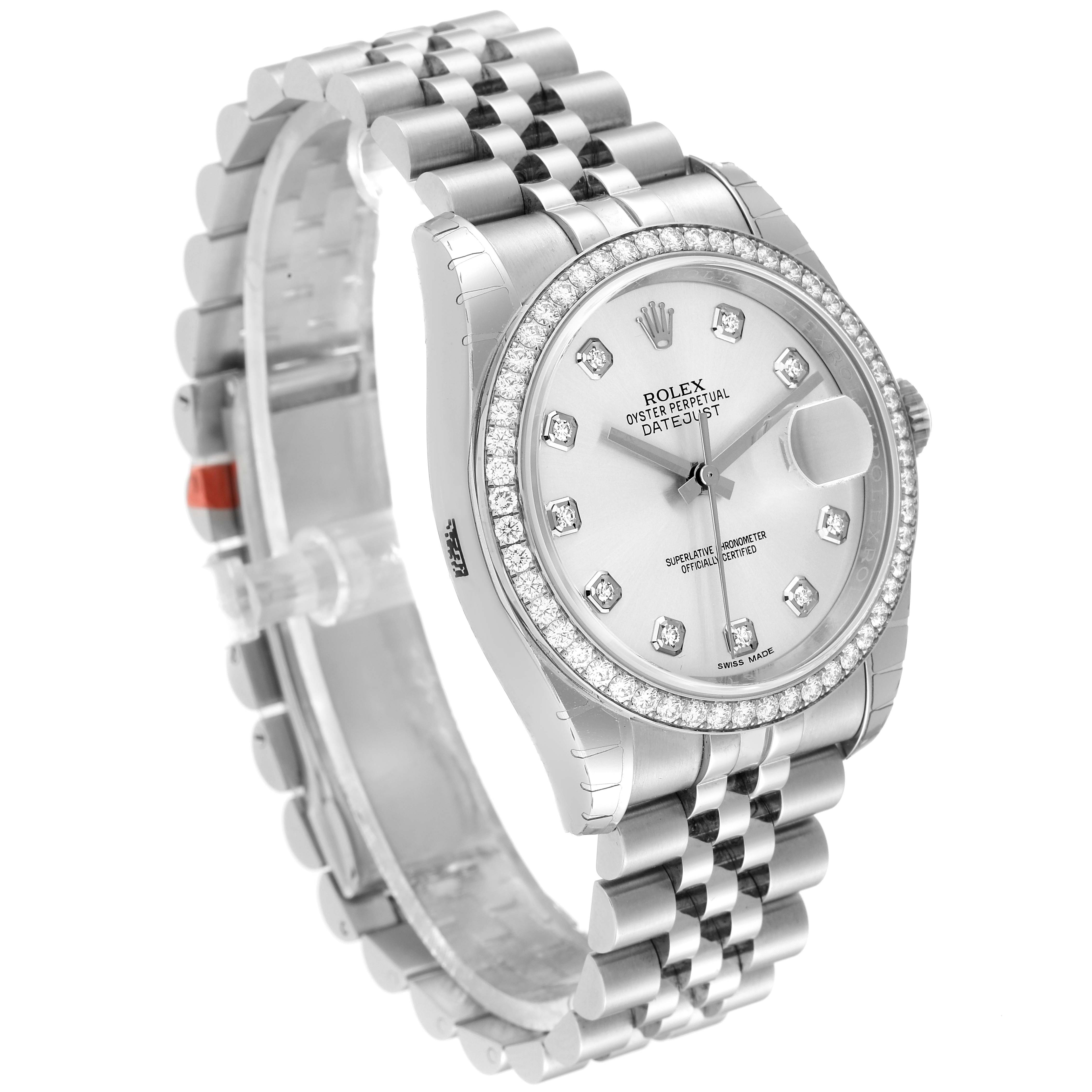 The image shows a Rolex Datejust 116244 Men's Stainless Steel Silver Dial 116244 Men's Stainless Steel Silver Dial watch at a slight angle, highlighting the face, bezel, and bracelet.