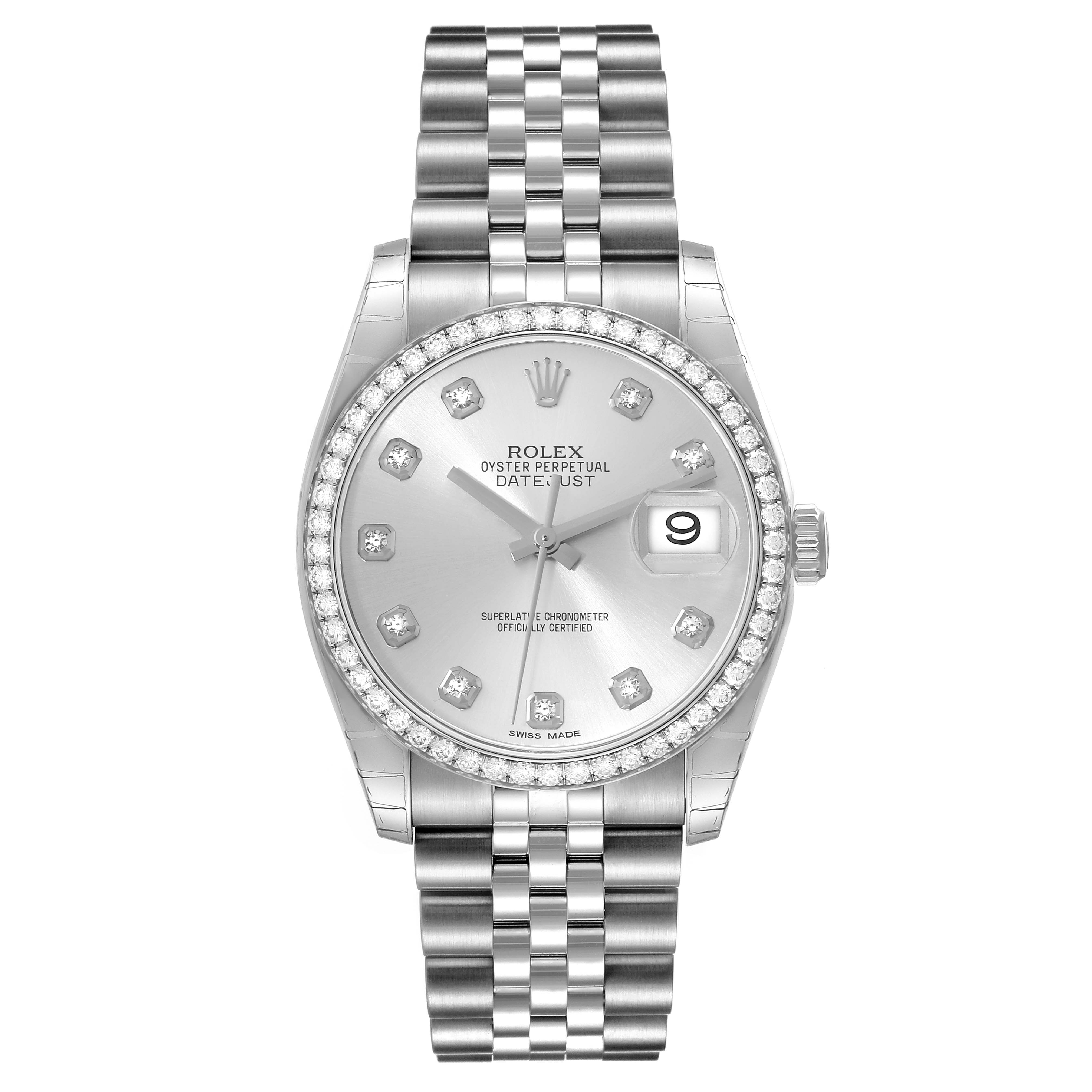 This image shows a Rolex Datejust 116244 Men's Stainless Steel Silver Dial 116244 Men's Stainless Steel Silver Dial watch from a front view, showcasing the dial, bezel, and bracelet.