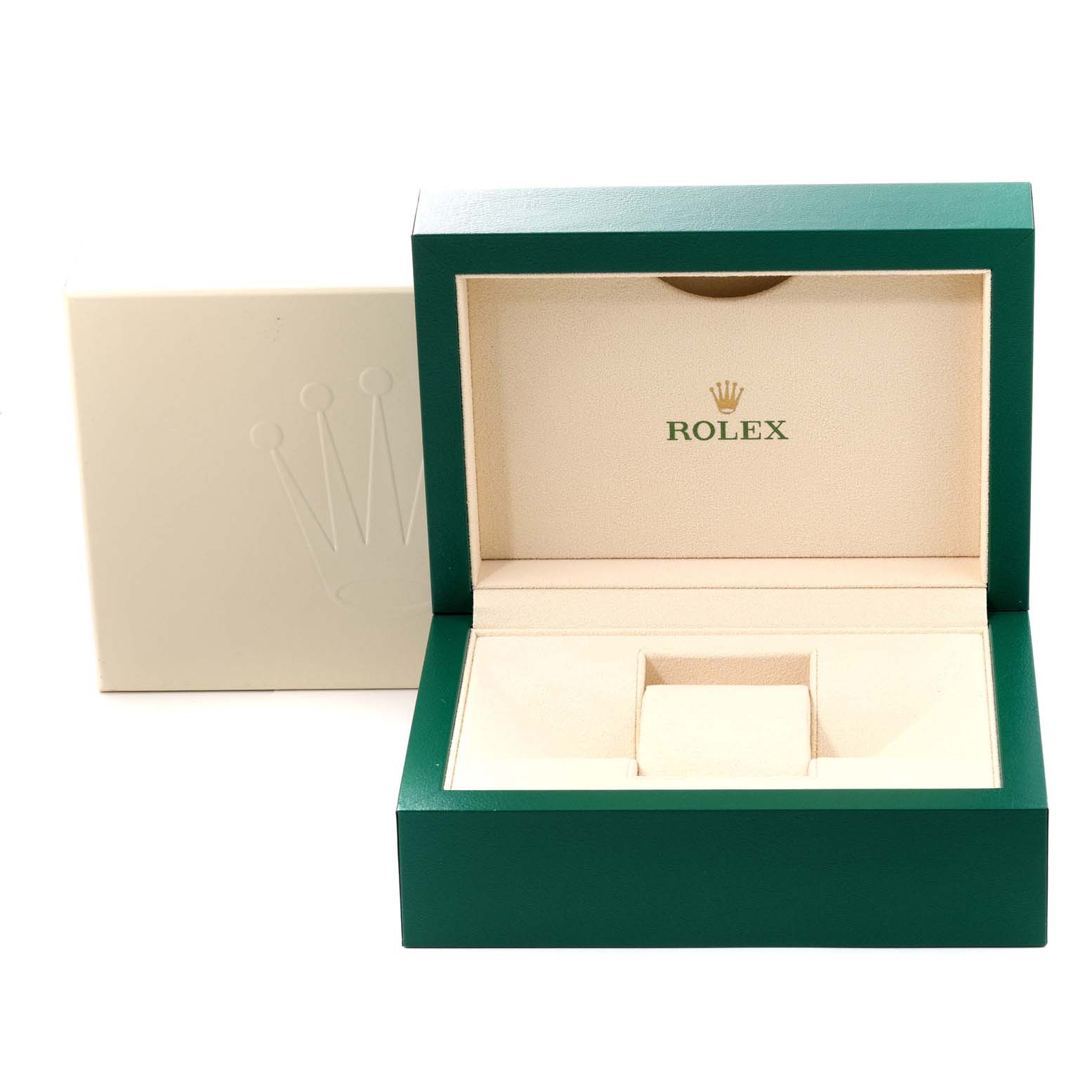 The image shows an open green and beige box for a Rolex Datejust 116244 Men's Stainless Steel Silver Dial 116244 Men's Stainless Steel Silver Dial watch, revealing the interior compartments.