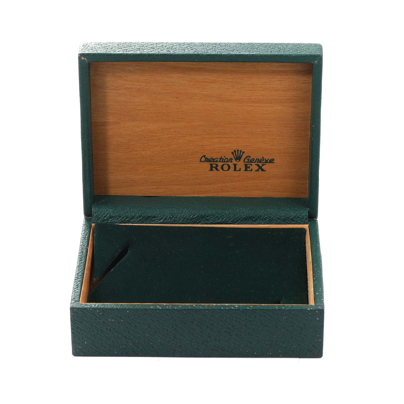 This image shows an empty Rolex Vintage Collection 1601 Men's Stainless Steel Grey Dial 1601 Men's Stainless Steel Grey Dial watch box, photographed from a front angle with its lid open.