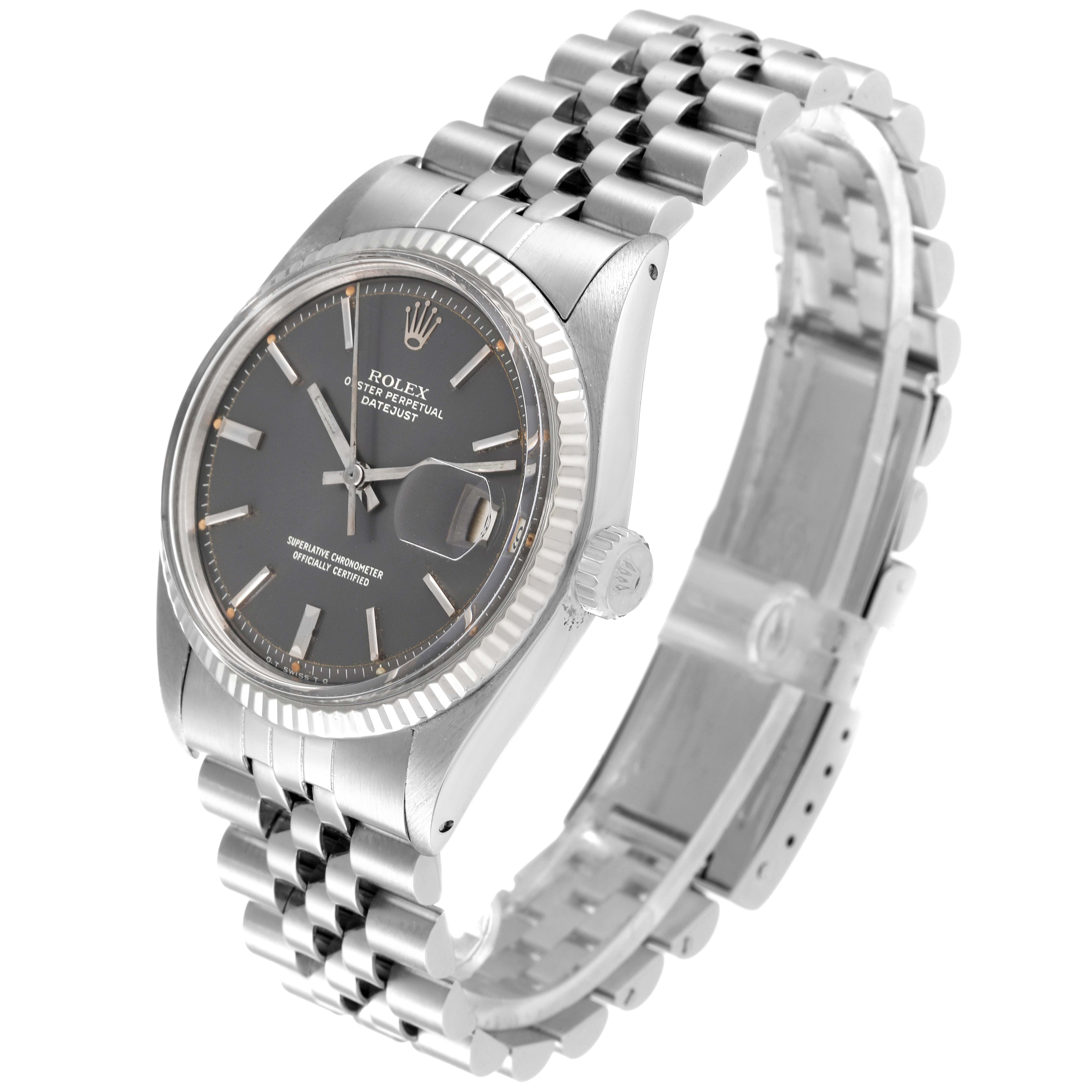 The Rolex Vintage Collection 1601 Men's Stainless Steel Grey Dial 1601 Men's Stainless Steel Grey Dial model is shown at a side angle, displaying its face, bezel, crown, and metal bracelet.