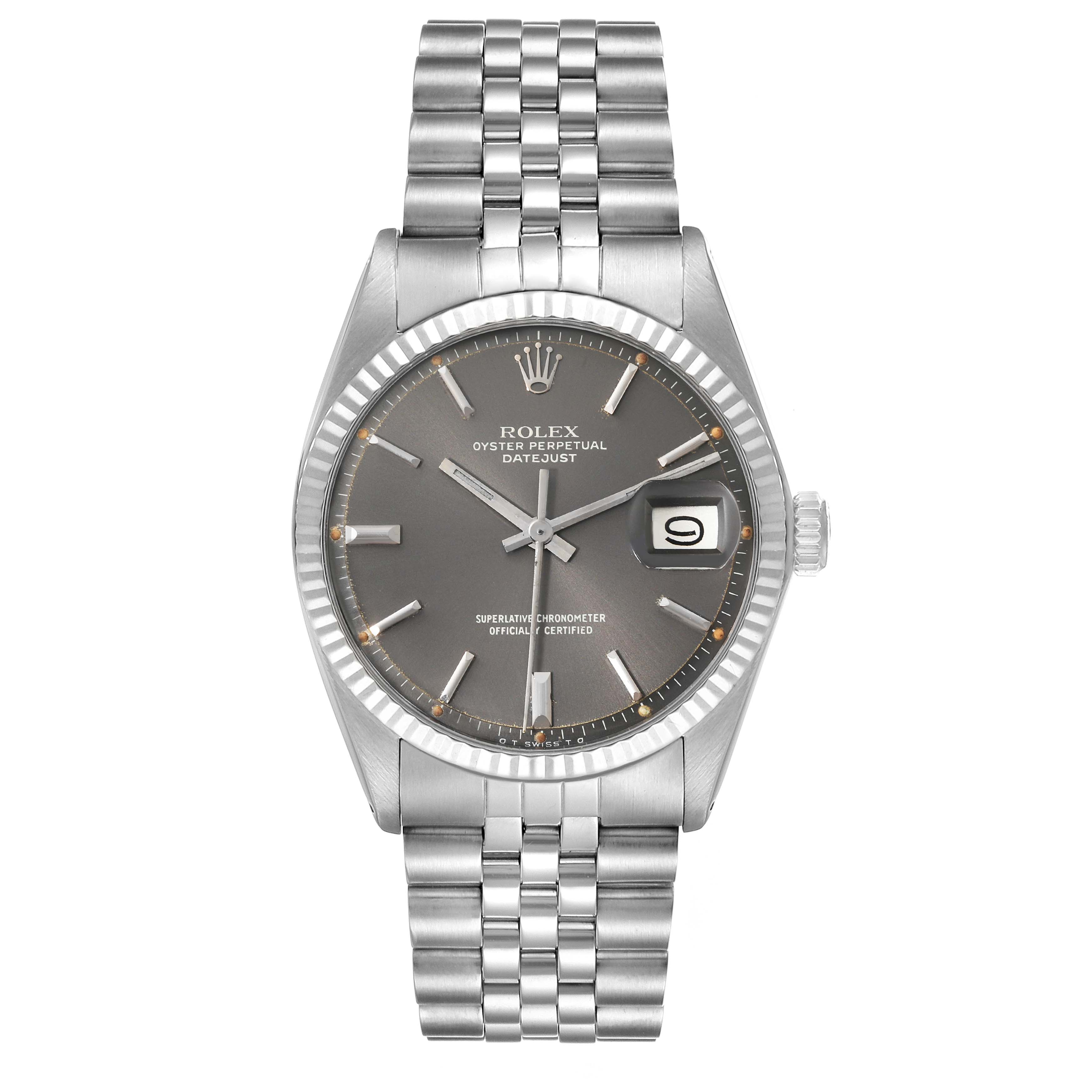 The image shows a frontal view of the Rolex Vintage Collection 1601 Men's Stainless Steel Grey Dial 1601 Men's Stainless Steel Grey Dial watch model with a stainless steel bracelet and a date display.