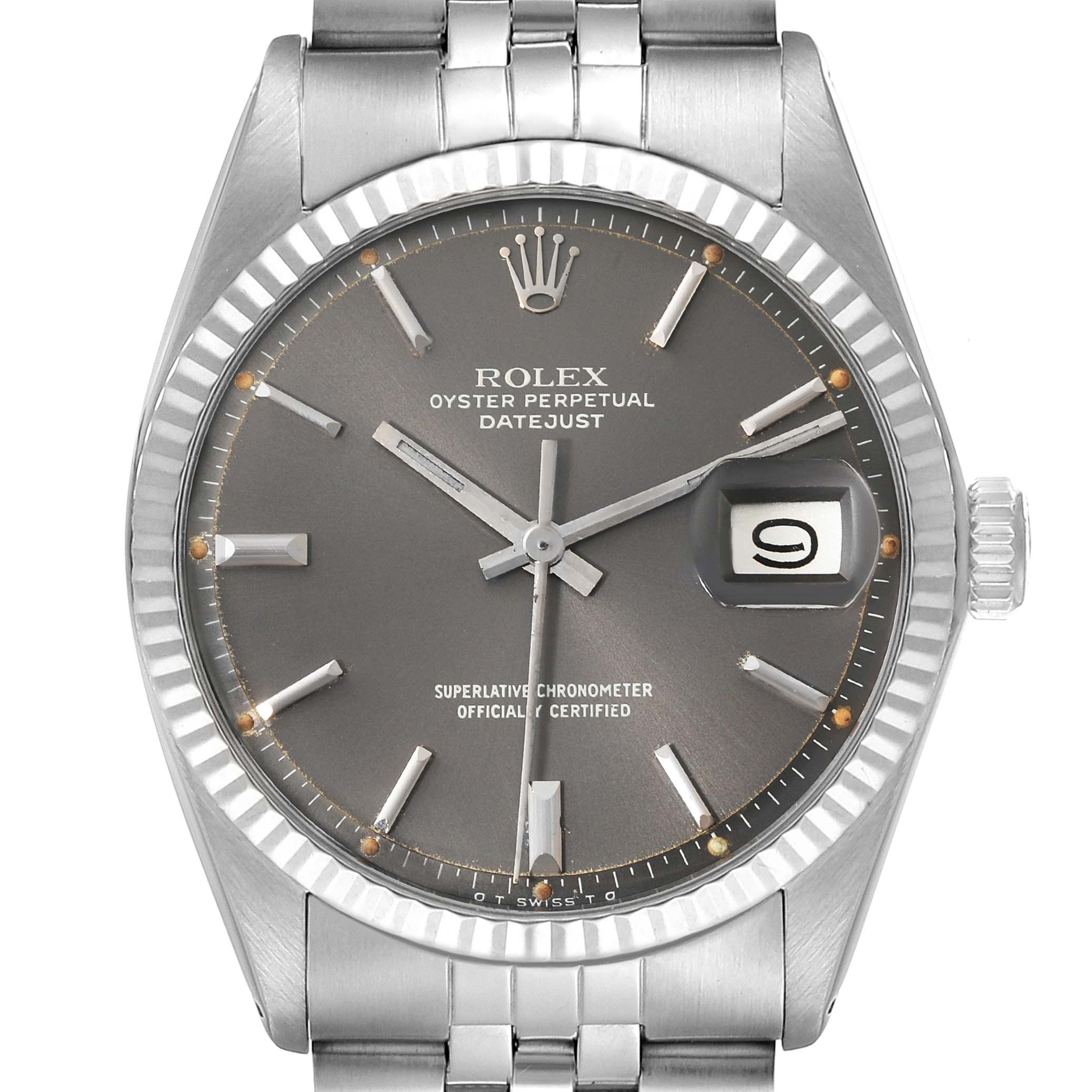 The image shows a direct, close-up view of the Rolex Vintage Collection 1601 Men's Stainless Steel Grey Dial 1601 Men's Stainless Steel Grey Dial Oyster Perpetual Datejust watch, displaying the dial, hands, and date window.