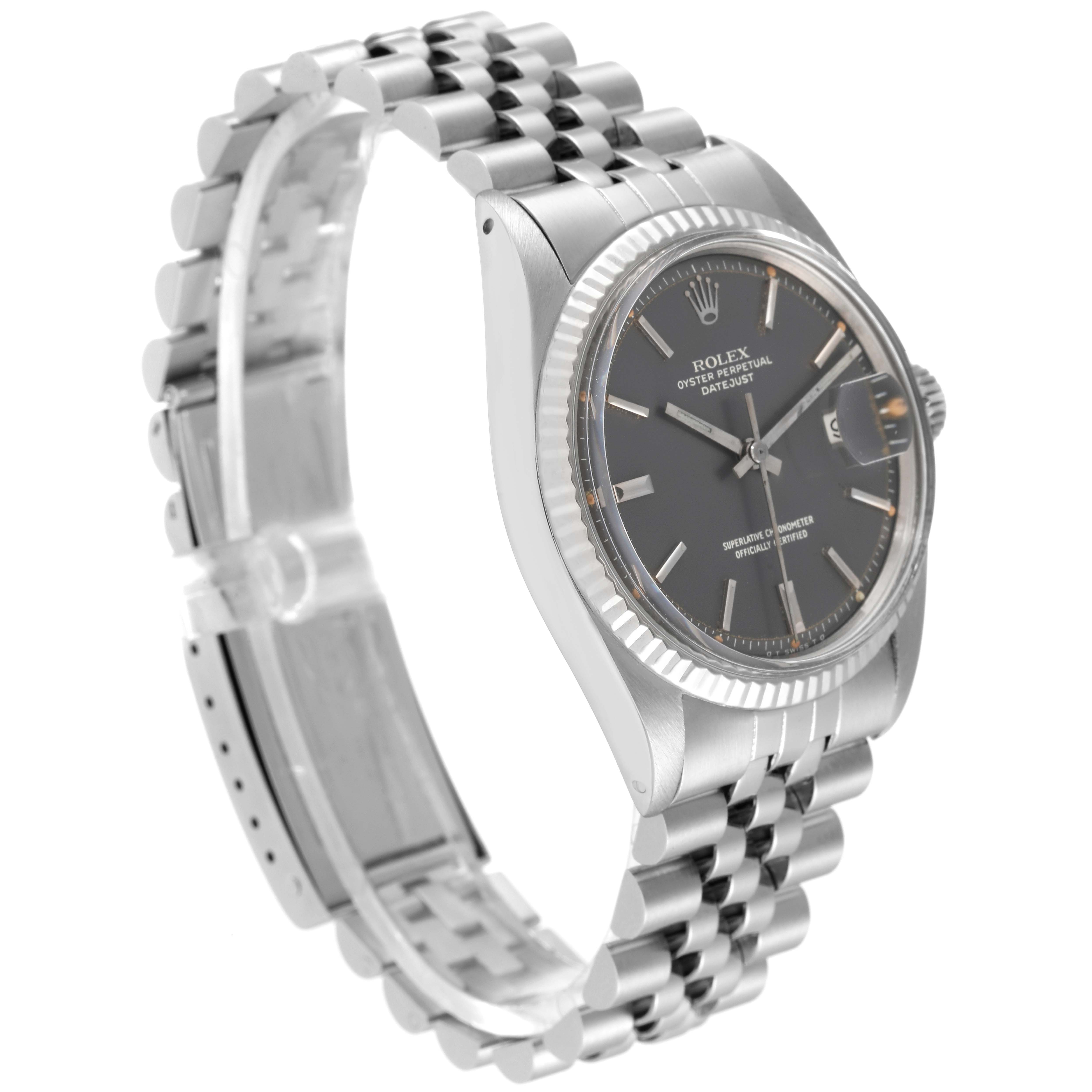 This image shows a side angle of the Rolex Vintage Collection 1601 Men's Stainless Steel Grey Dial 1601 Men's Stainless Steel Grey Dial watch, highlighting its face, bezel, and bracelet.