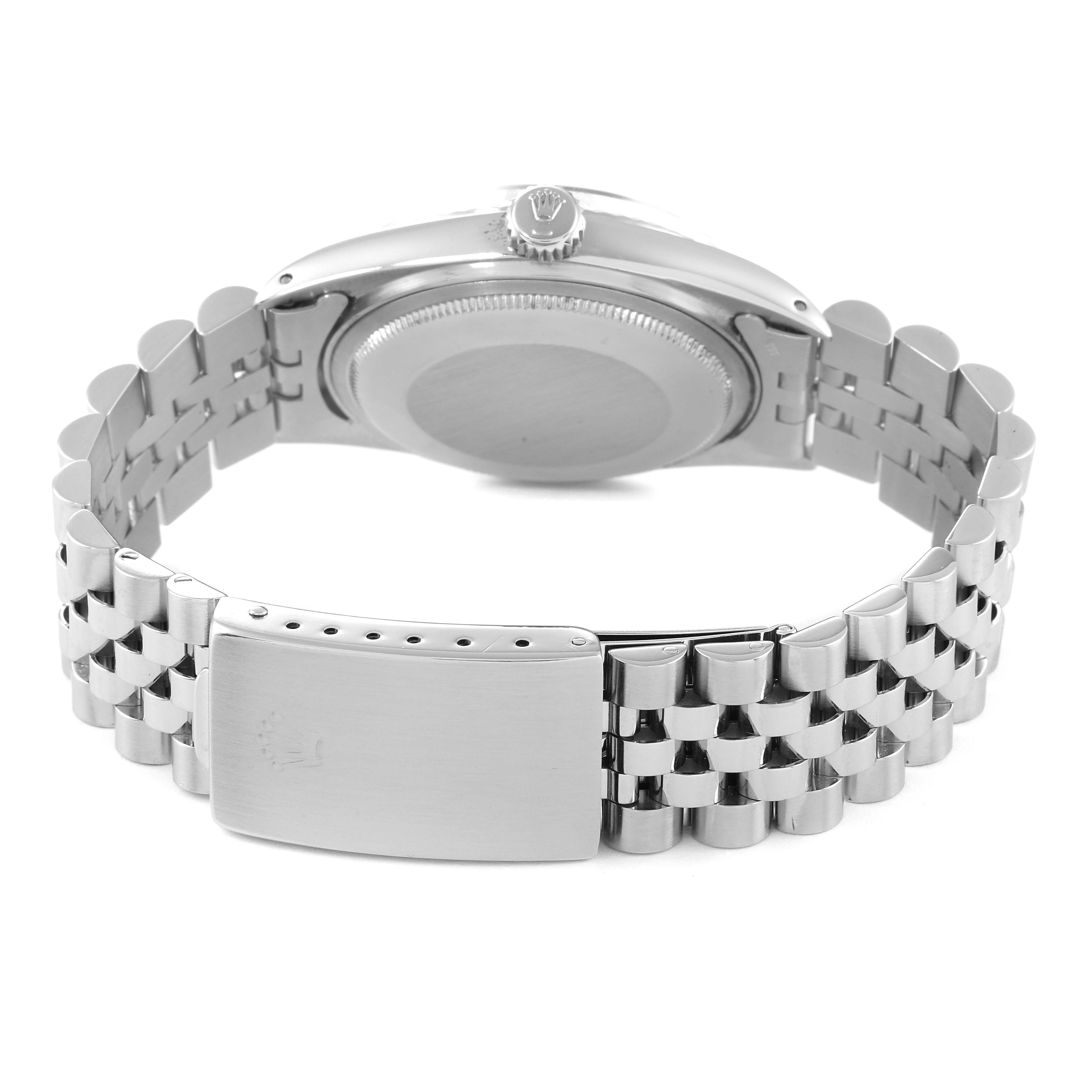 The image shows the back view of the Rolex Vintage Collection 1601 Men's Stainless Steel Grey Dial 1601 Men's Stainless Steel Grey Dial model, highlighting the clasp and part of the bracelet.