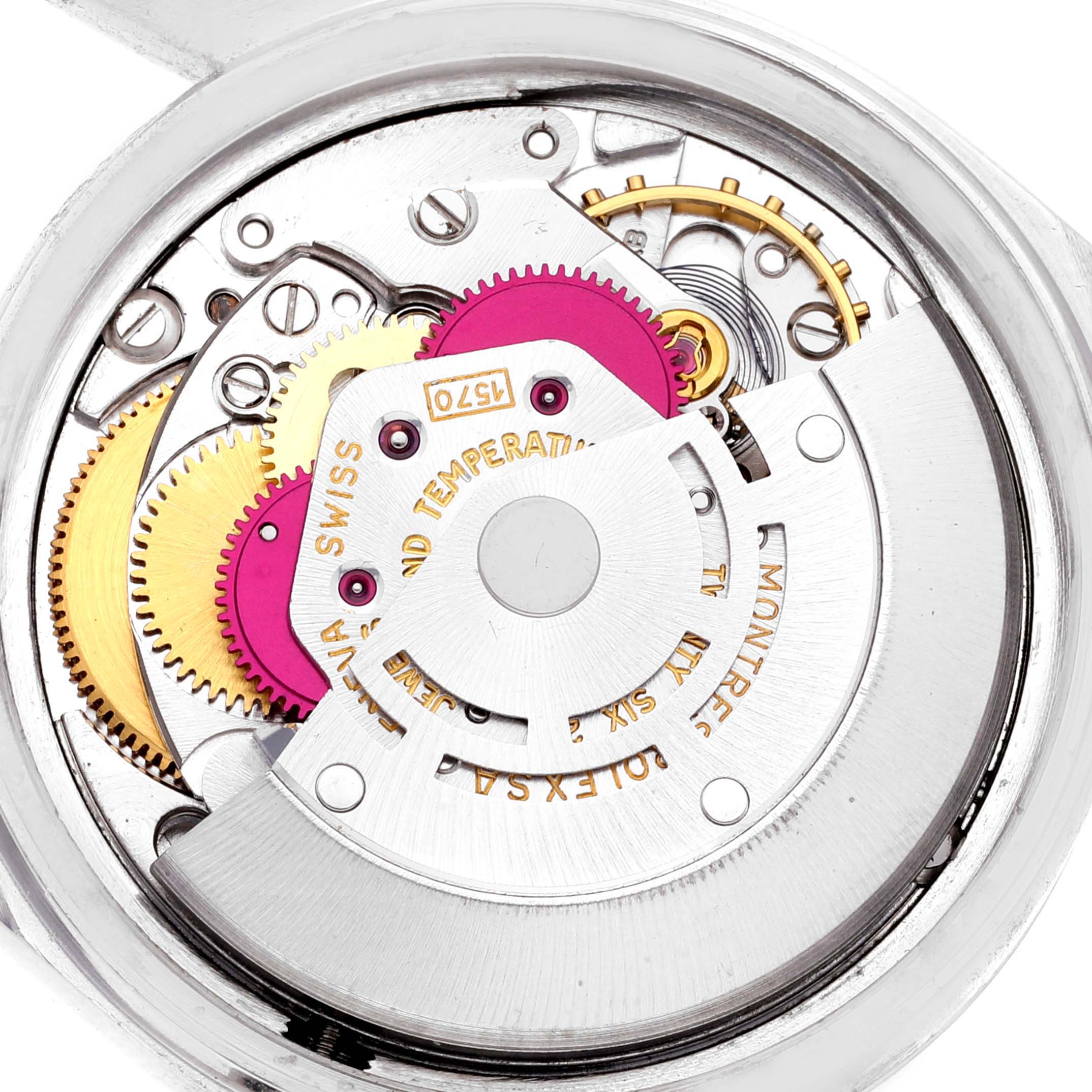 This is a close-up view of the inner mechanical movement of a Rolex Vintage Collection 1601 Men's Stainless Steel Grey Dial 1601 Men's Stainless Steel Grey Dial watch.