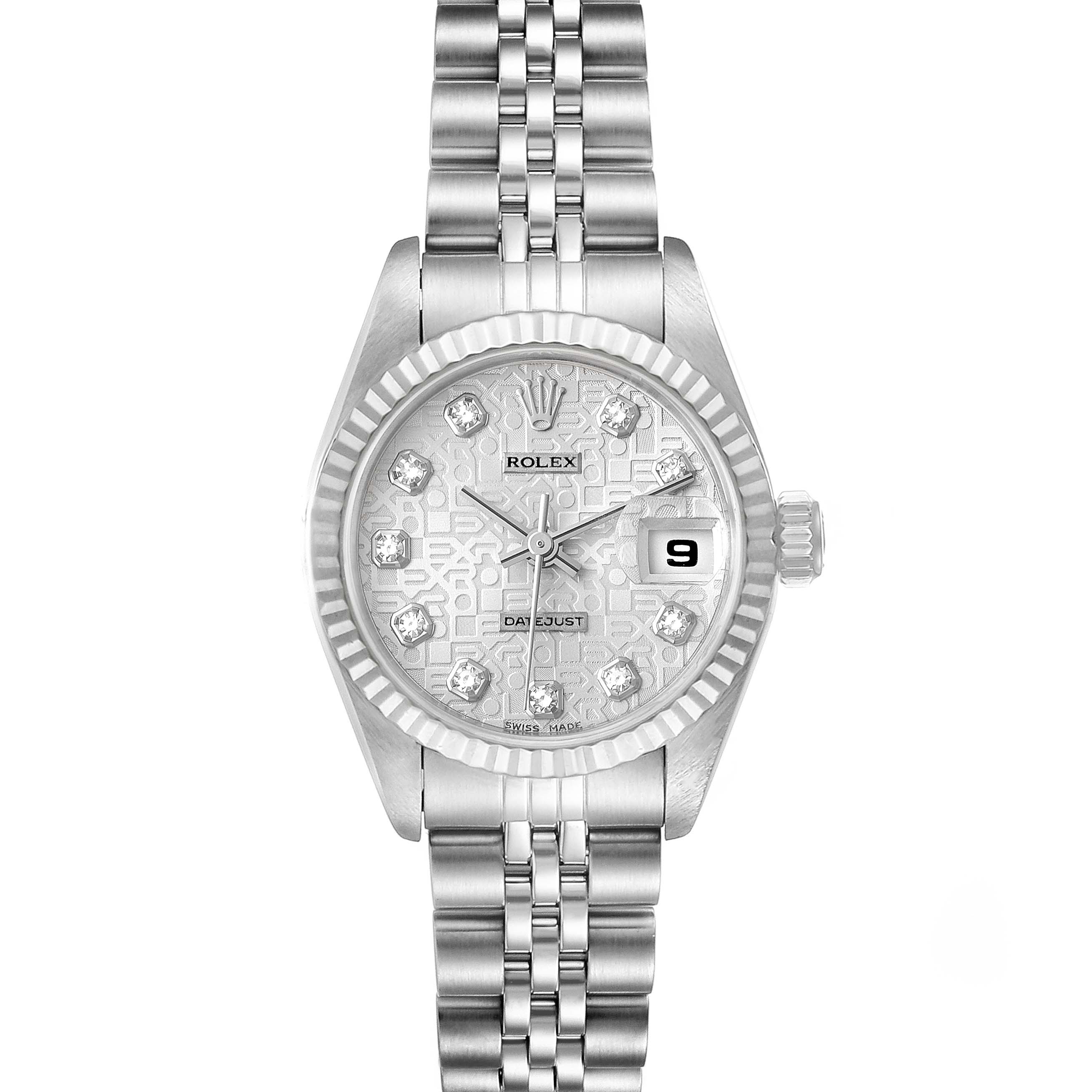 The image shows a frontal view of a Rolex Datejust 69174 Women
s Stainless Steel Silver Dial 69174 Women
s Stainless Steel Silver Dial watch, highlighting the dial, bezel, and bracelet.