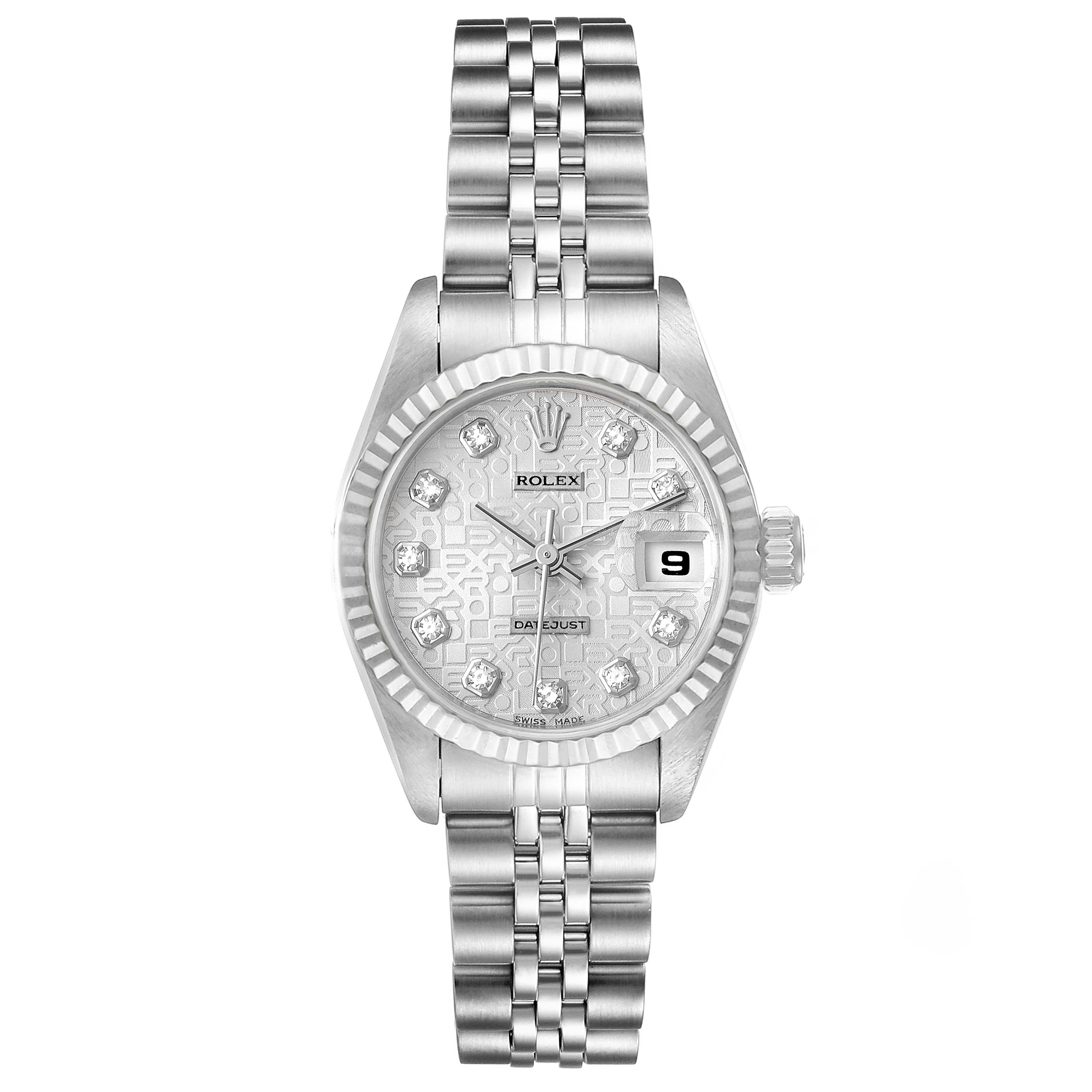 The image shows a frontal view of a Rolex Datejust 69174 Women
s Stainless Steel Silver Dial 69174 Women
s Stainless Steel Silver Dial watch, highlighting the dial, bezel, and bracelet.