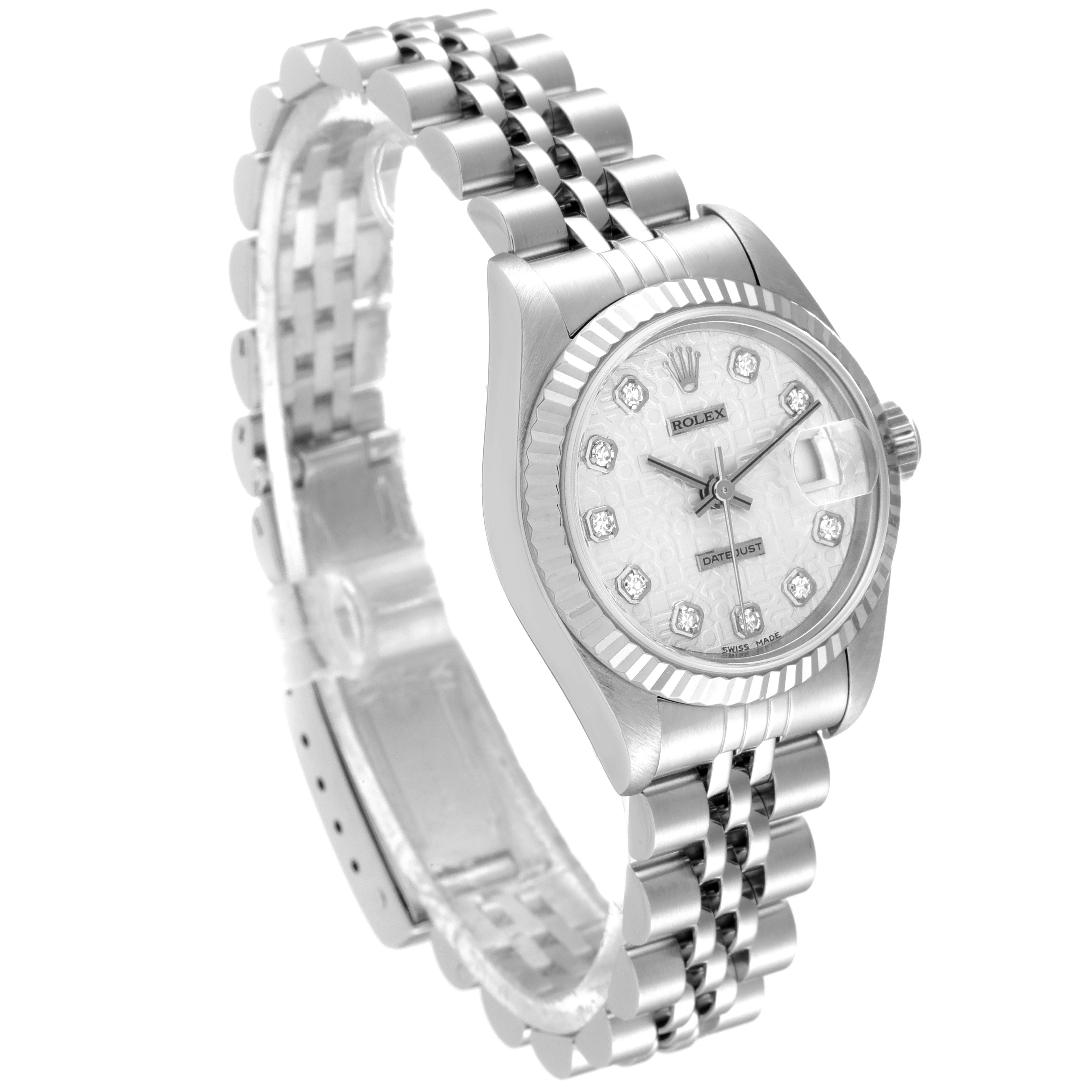 The Rolex Datejust 69174 Women
s Stainless Steel Silver Dial 69174 Women
s Stainless Steel Silver Dial watch is shown at a three-quarter angle, highlighting its face, bezel, and bracelet.