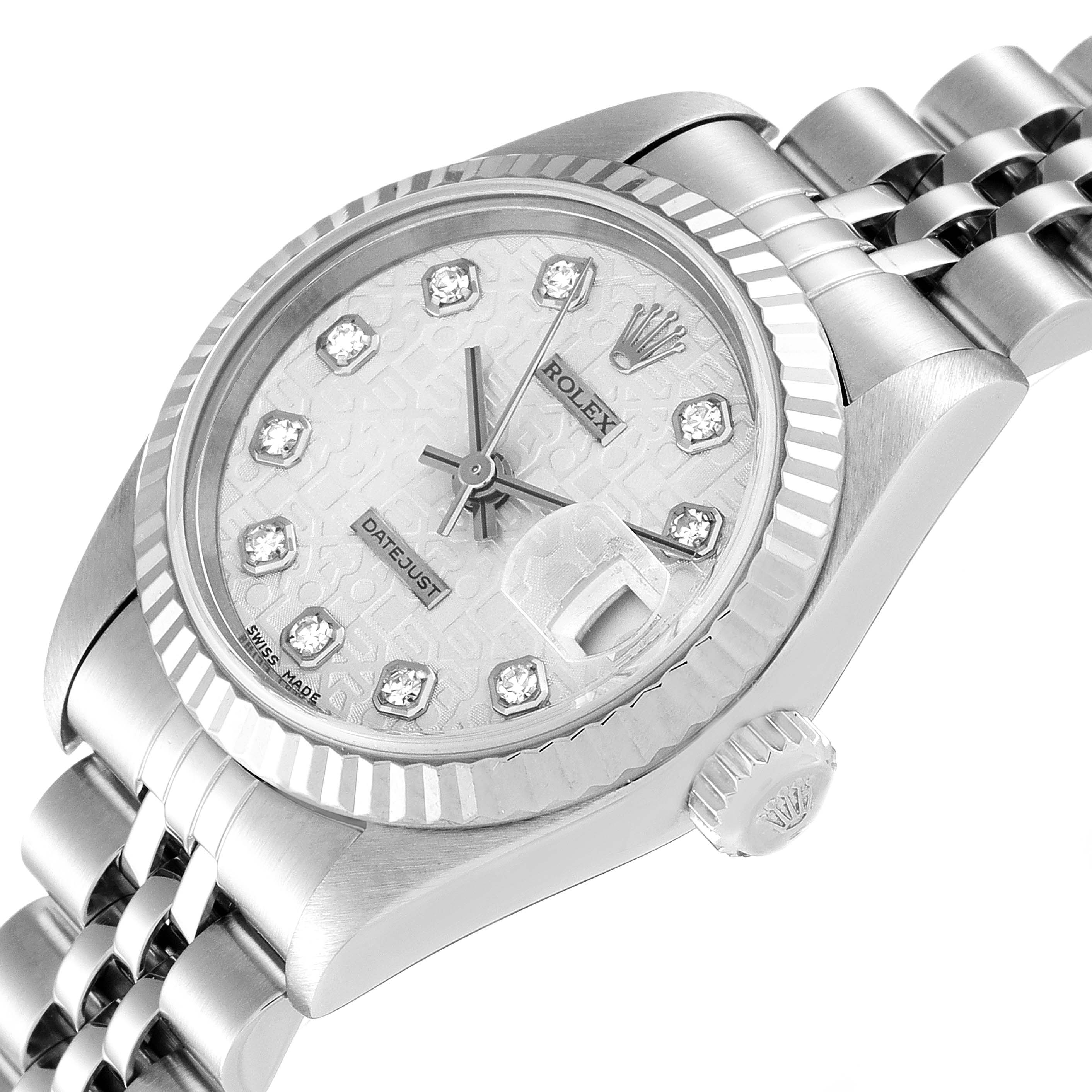 The image shows a close-up angle of a Rolex Datejust 69174 Women
s Stainless Steel Silver Dial 69174 Women
s Stainless Steel Silver Dial watch, focusing on the dial, bezel, and part of the bracelet.