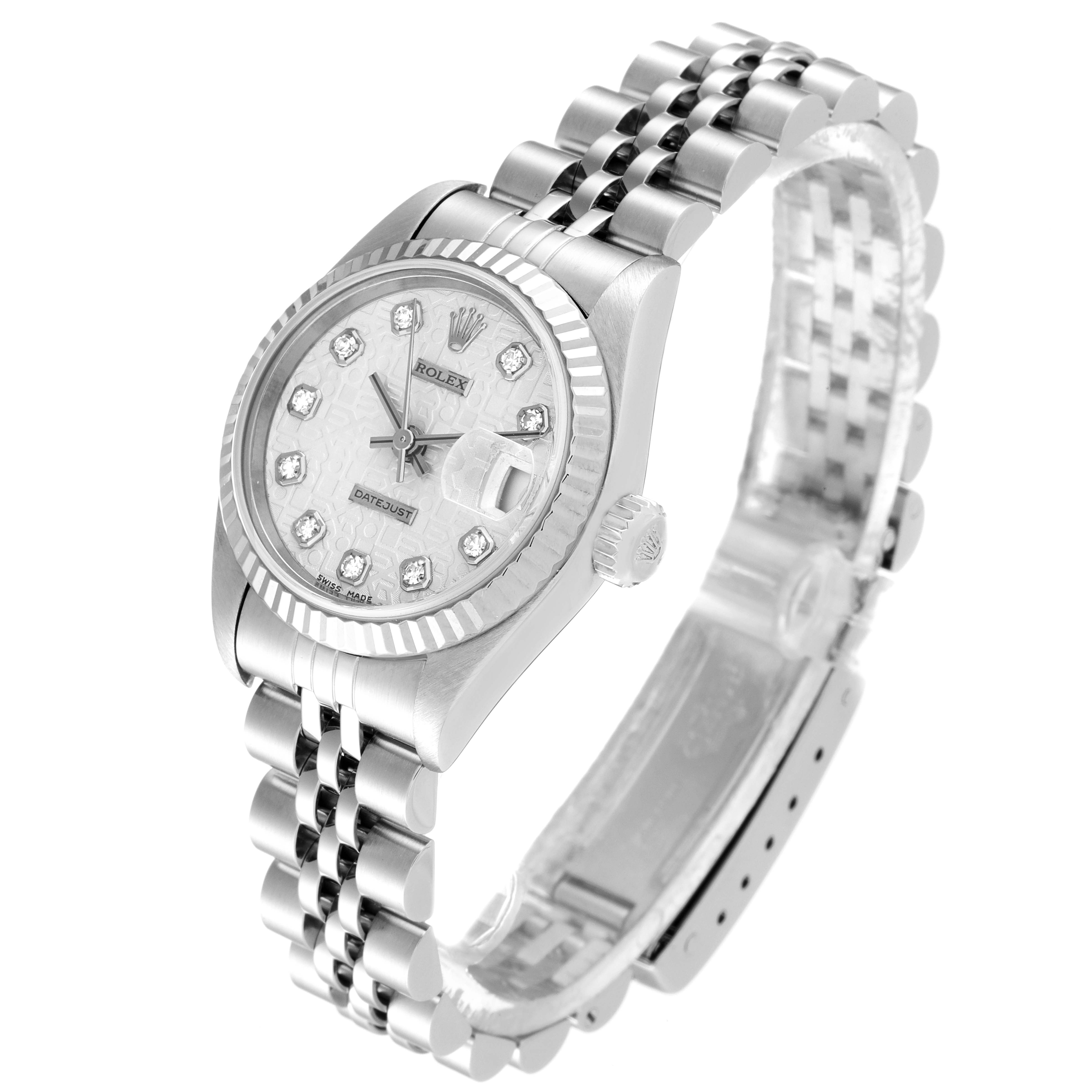 This image shows a Rolex Datejust 69174 Women
s Stainless Steel Silver Dial 69174 Women
s Stainless Steel Silver Dial watch at a slight angle, highlighting the face, bezel, crown, and jubilee bracelet.