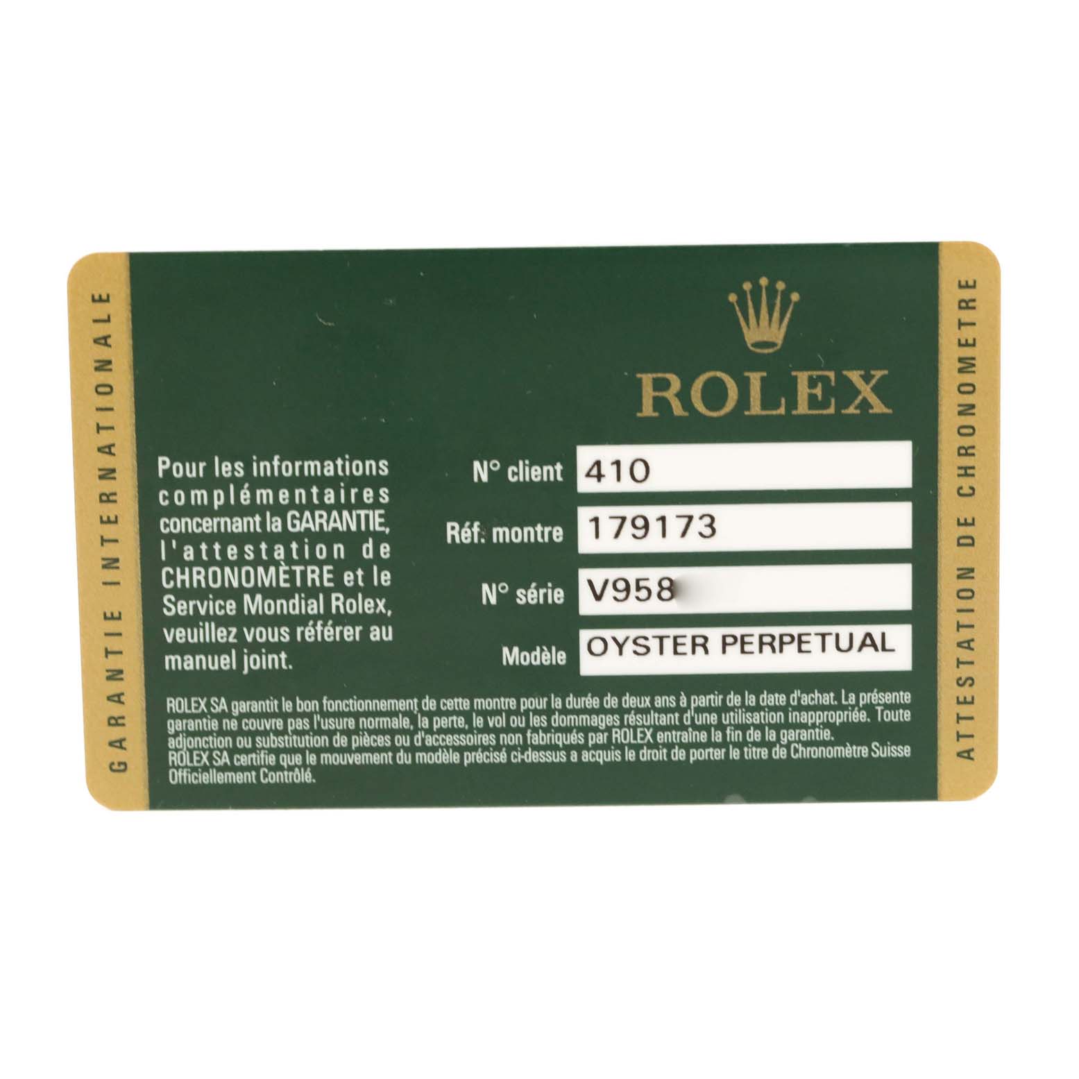 This is a warranty card for a Rolex Datejust 179173 Women's Steel and Gold (two tone) Champagne Dial 179173 Women's Steel and Gold (two tone) Champagne Dial model, showing client number, watch reference, serial number, and model name.