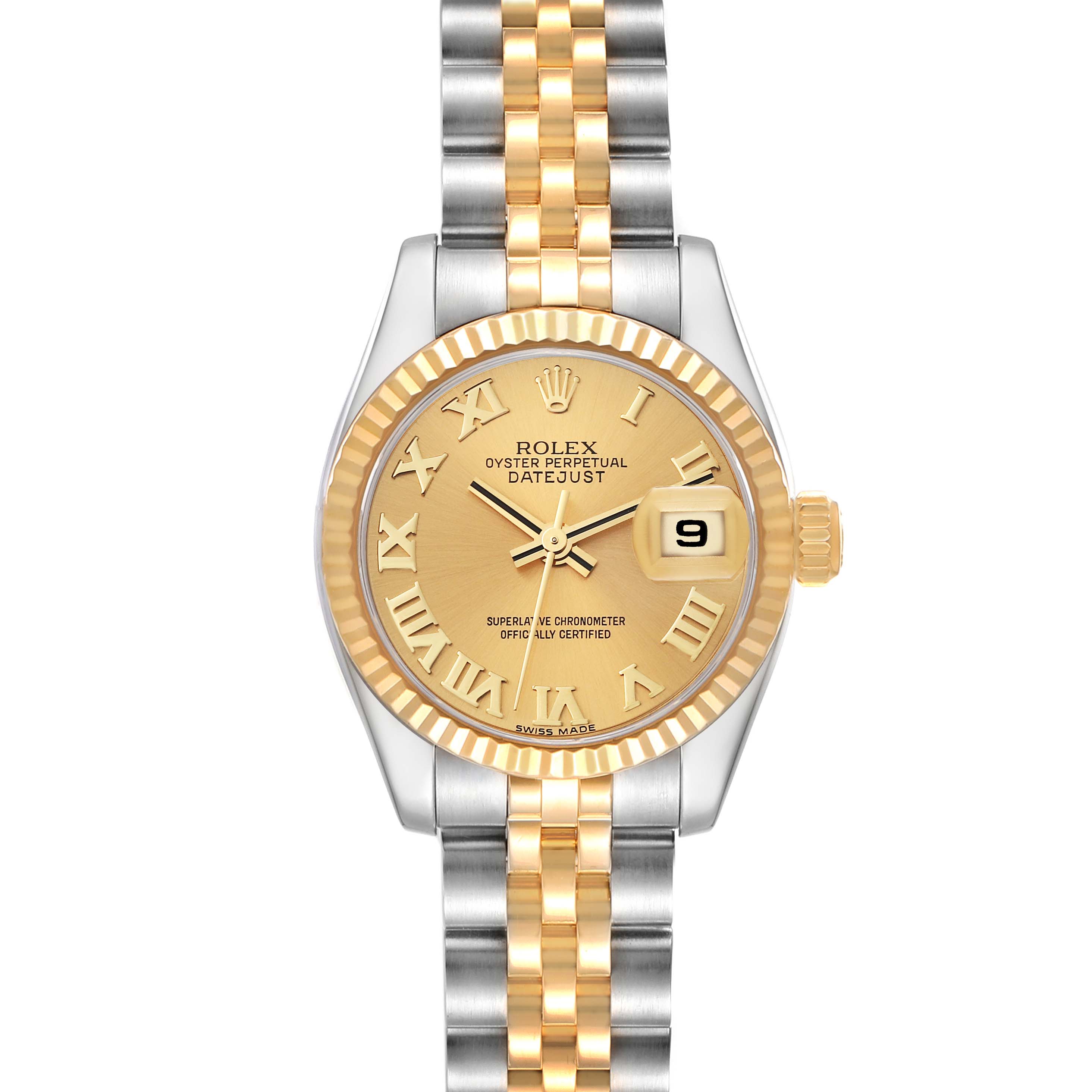 This image shows a front view of a Rolex Datejust 179173 Women's Steel and Gold (two tone) Champagne Dial 179173 Women's Steel and Gold (two tone) Champagne Dial model, highlighting the dial, bezel, crown, and bracelet.