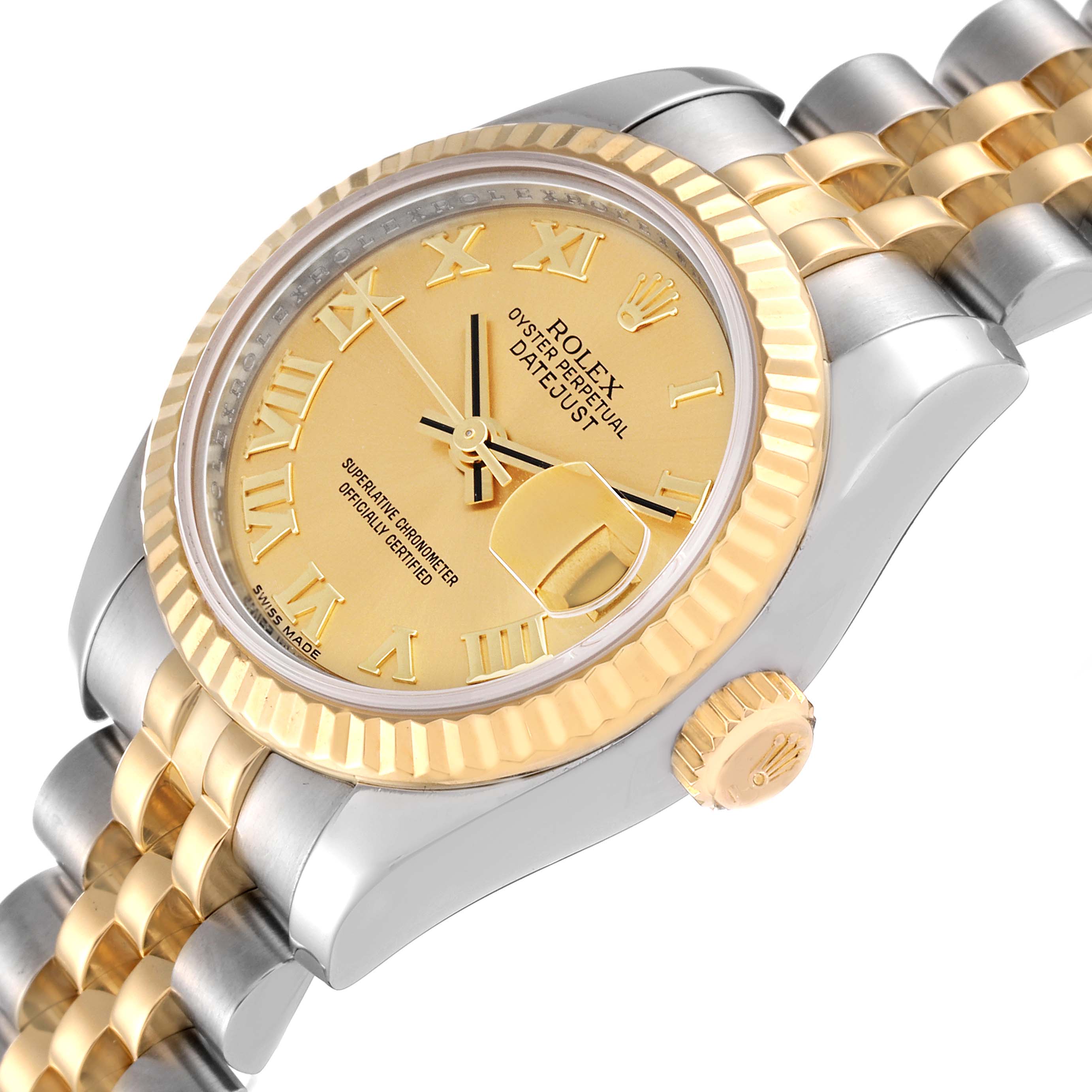 The image shows a Rolex Datejust 179173 Women's Steel and Gold (two tone) Champagne Dial 179173 Women's Steel and Gold (two tone) Champagne Dial watch at an angled close-up, highlighting the gold dial, bezel, crown, and part of the two-tone bracelet.