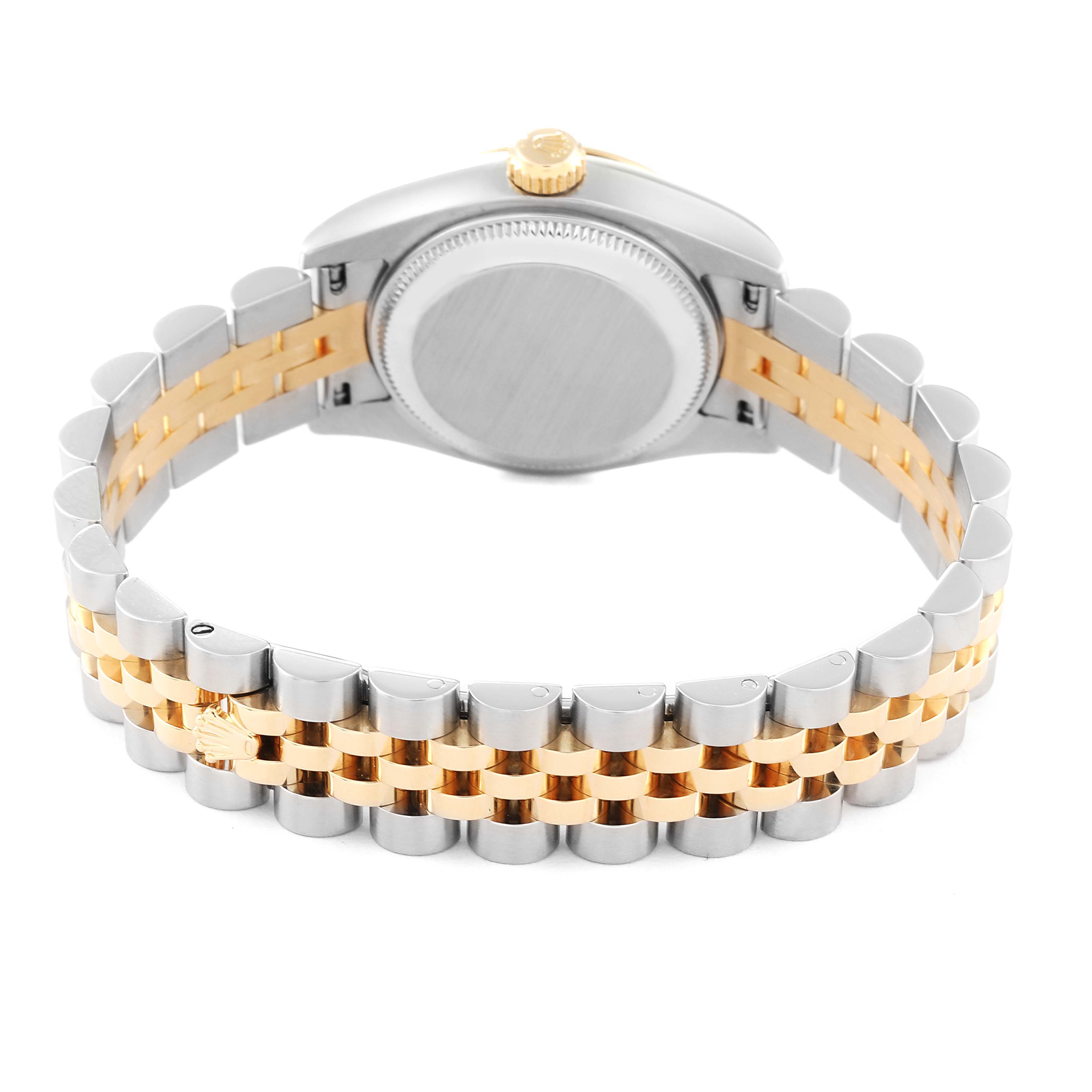 This image shows the back and sides of the Rolex Datejust 179173 Women's Steel and Gold (two tone) Champagne Dial 179173 Women's Steel and Gold (two tone) Champagne Dial watch, focusing on its two-tone bracelet and case back.
