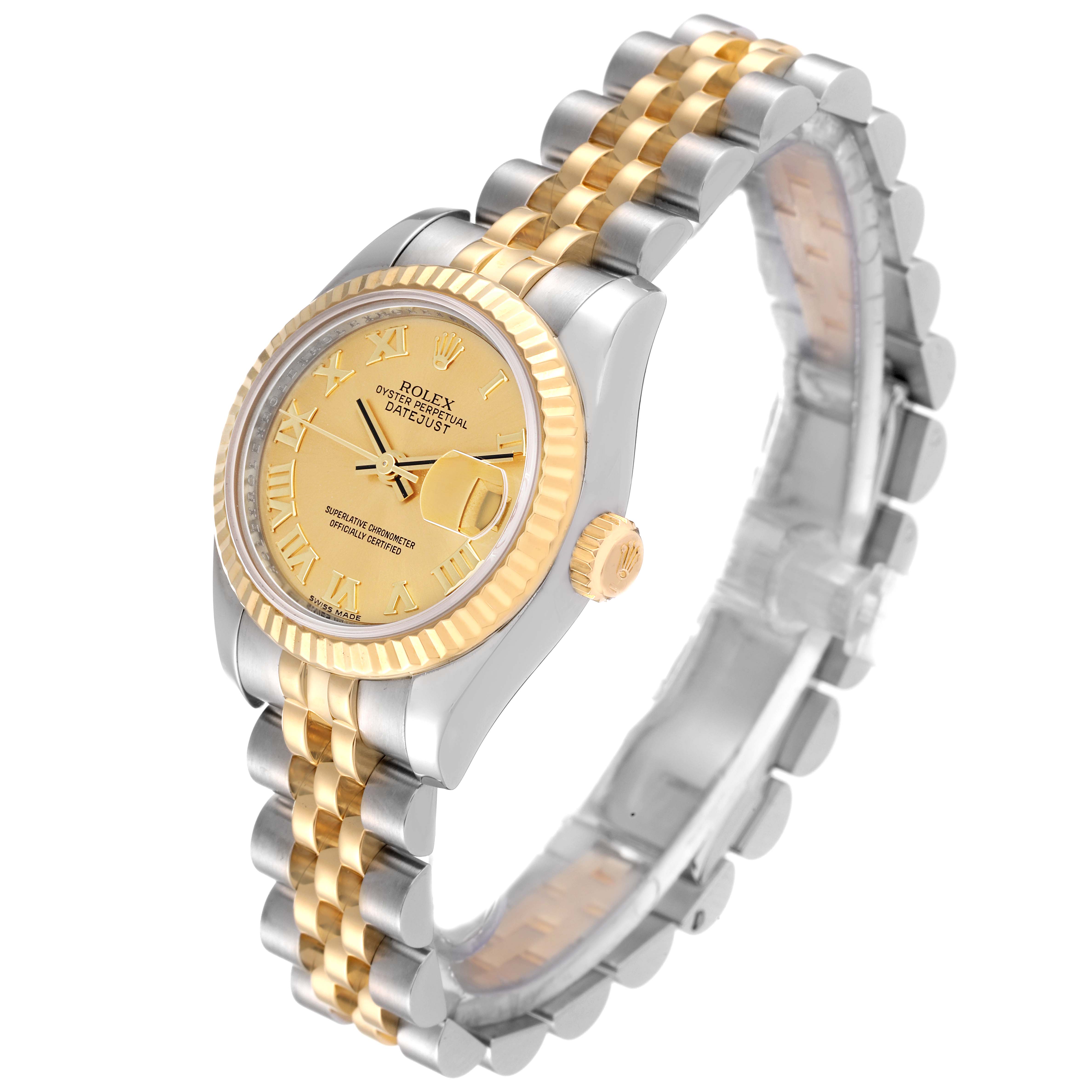 The image shows a Rolex Datejust 179173 Women's Steel and Gold (two tone) Champagne Dial 179173 Women's Steel and Gold (two tone) Champagne Dial watch with a gold and silver tone, displaying its face, case, and two-tone jubilee bracelet at an angle.