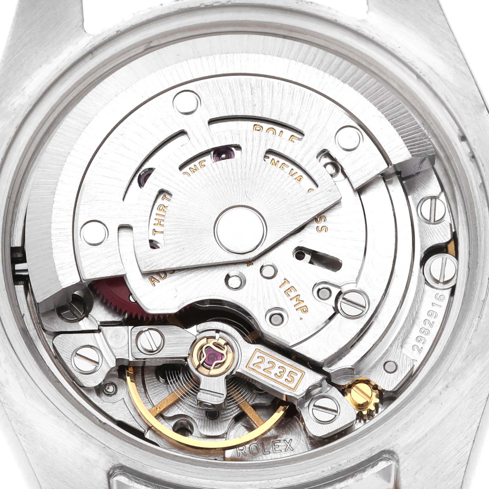 The image shows the intricate movement mechanism of a Rolex Datejust 179173 Women's Steel and Gold (two tone) Champagne Dial 179173 Women's Steel and Gold (two tone) Champagne Dial watch, viewed from the back.