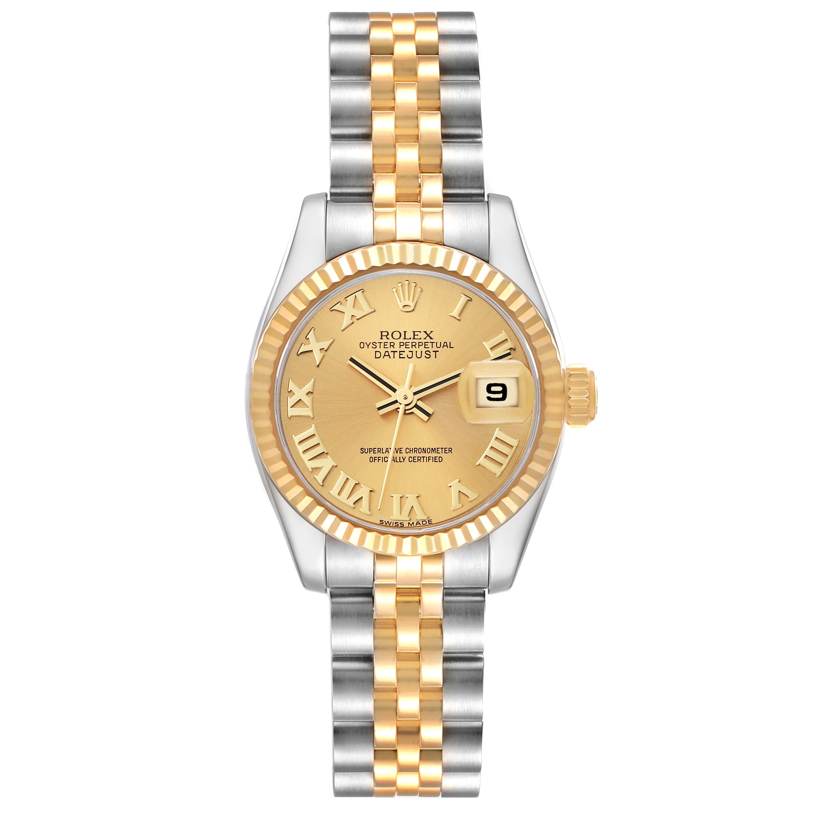 The image shows the front view of a Rolex Datejust 179173 Women's Steel and Gold (two tone) Champagne Dial 179173 Women's Steel and Gold (two tone) Champagne Dial watch, displaying the dial, bezel, crown, and bracelet.