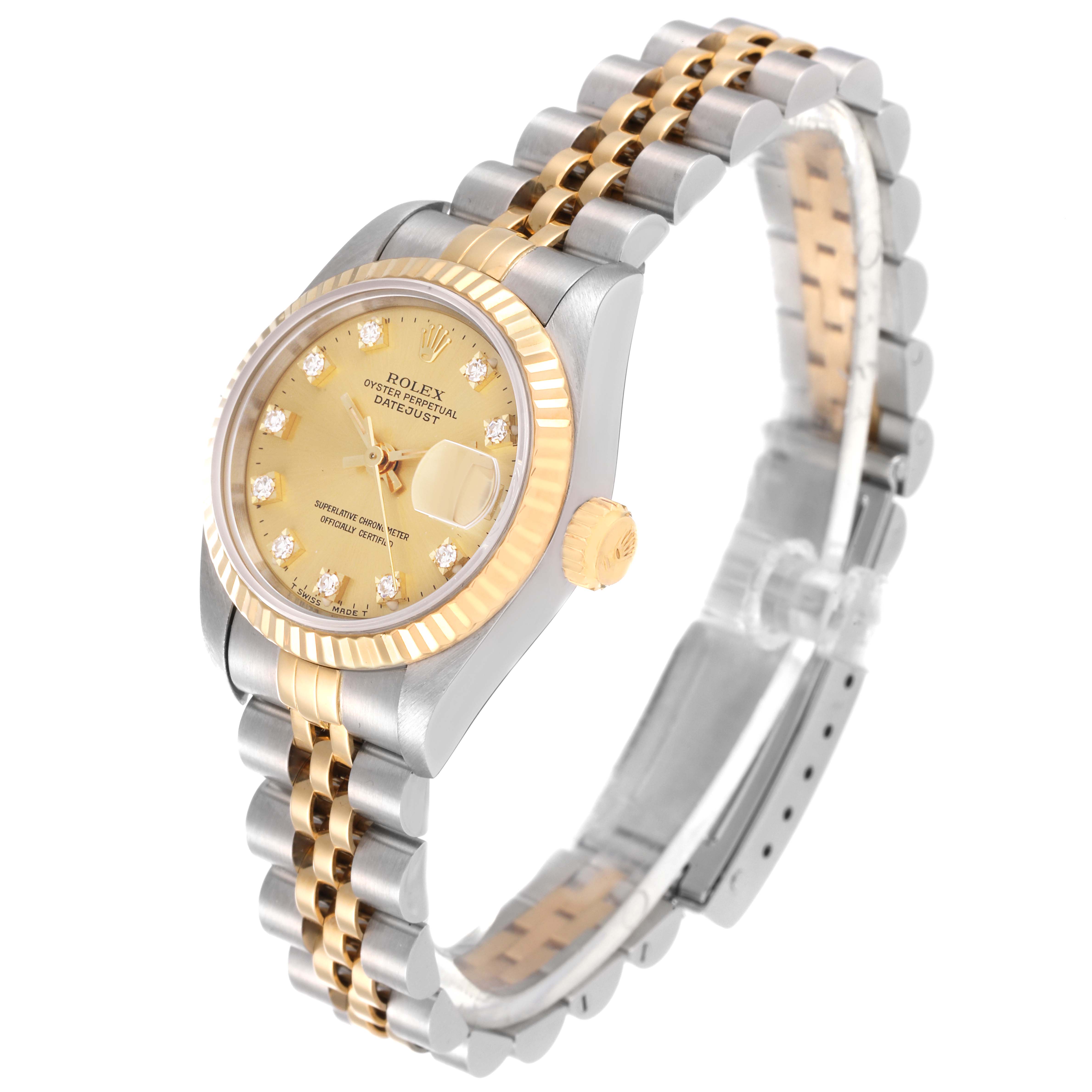 This image shows a side angle view of a Rolex Datejust 69173 Women's Steel and Gold (two tone) Champagne Dial 69173 Women's Steel and Gold (two tone) Champagne Dial watch, highlighting its dial, bezel, and two-tone bracelet.